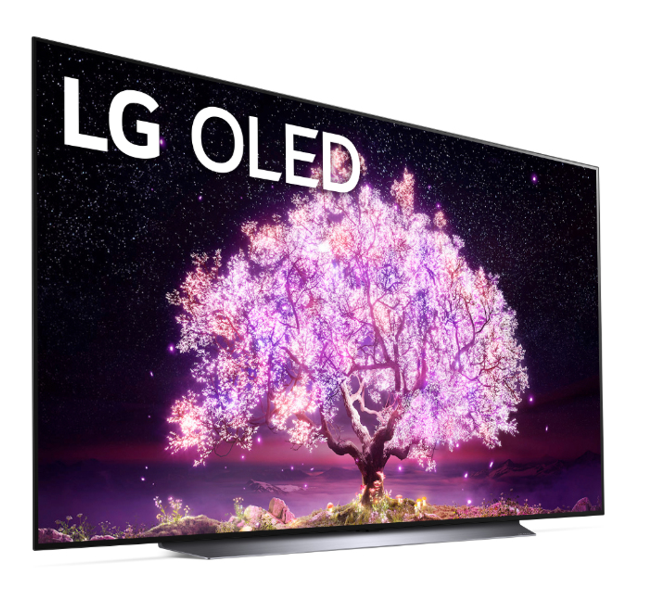 LG OLED TV, das eine wunderschöne Kirschblütenszene in einem Winkel zeigt.