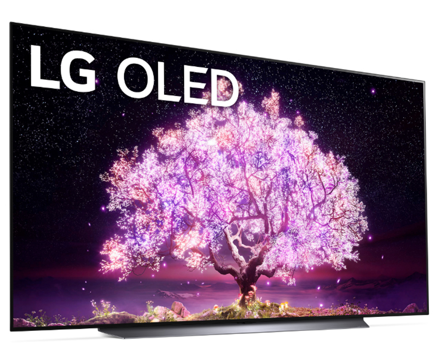LG OLED-Fernseher mit farbenfrohem Bild eines Kirschblütenbaums.