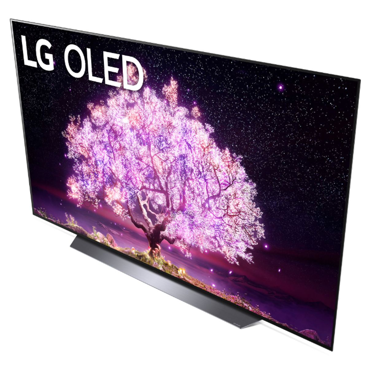 LG OLED TV mit Kirschblüten-Szene auf dem Bildschirm, zeigt farbenfrohe Darstellung gegen dunklen Raum.