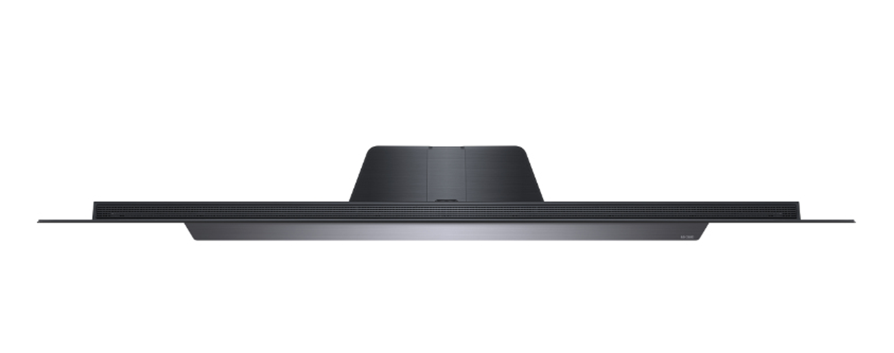 Draufsicht auf einen schwarzen OLED-Fernseher, der Bildschirm und Ständer zeigt.