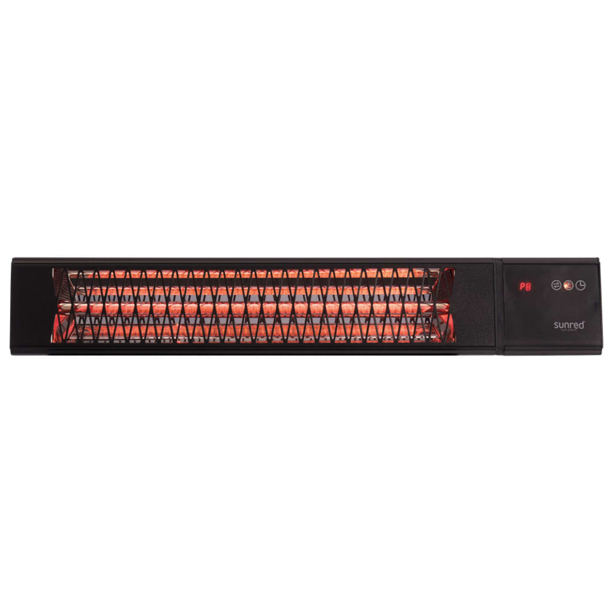 Un radiateur infrarouge noir et rectangulaire avec un élément chauffant rouge et incandescent.