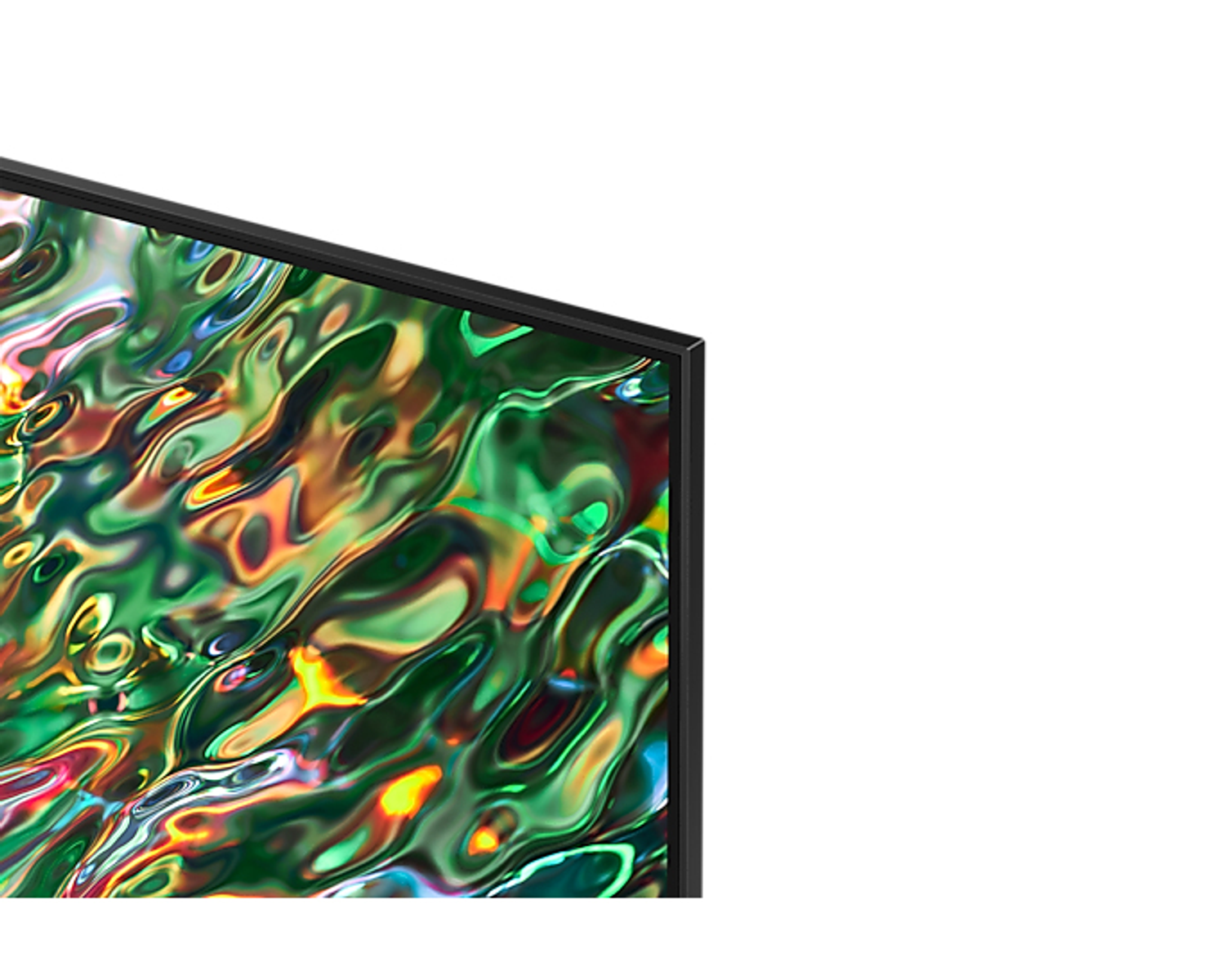 Zbliżenie rogu ekranu telewizora, wyświetlającego kolorowy, abstrakcyjny wzór.