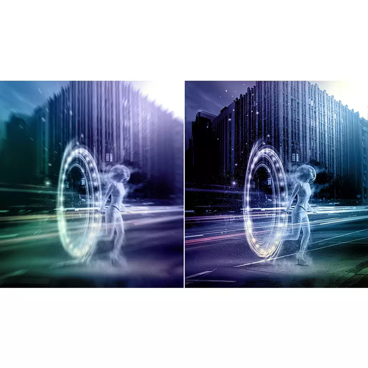 Dwa obrazy z postacią wchodzącą do portalu w mieście.