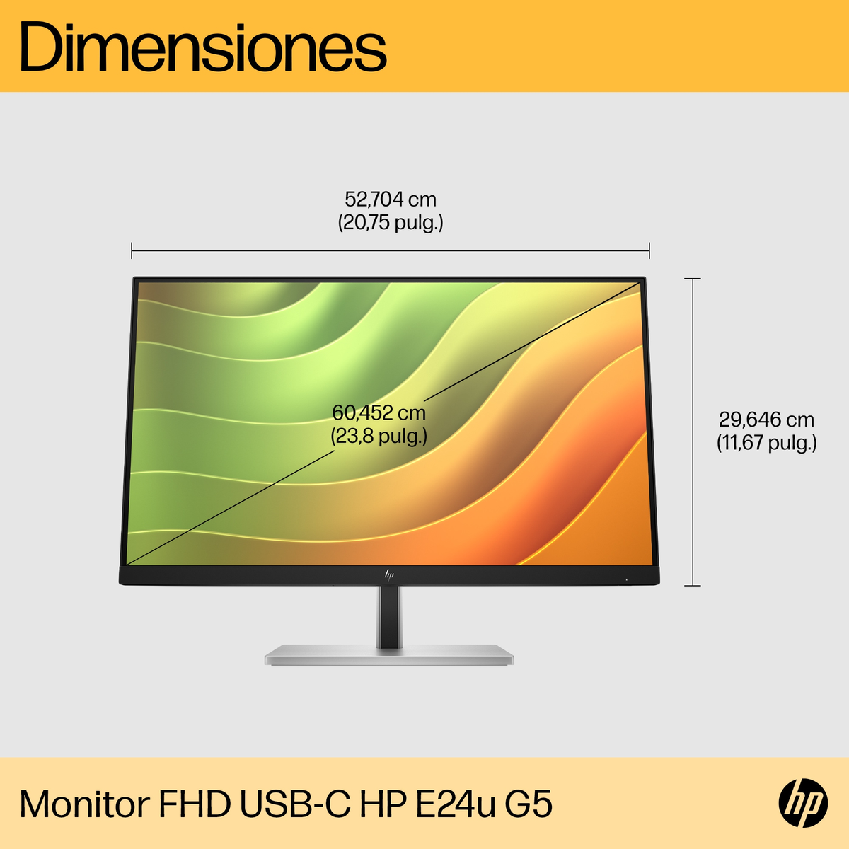 Monitor con dimensiones, resaltando ancho y alto. Soporte gris. Texto: Monitor FHD USB-C HP E24u G5.