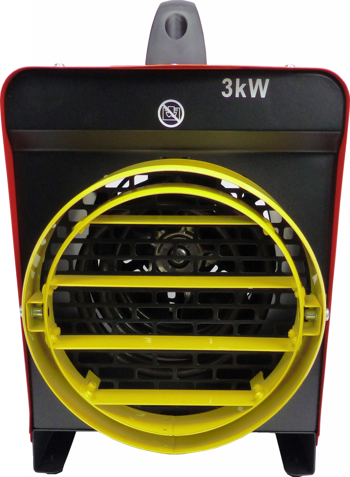 Ein schwarz-rotes Elektroheizgerät mit gelbem Schutzgitter um das Heizelement.