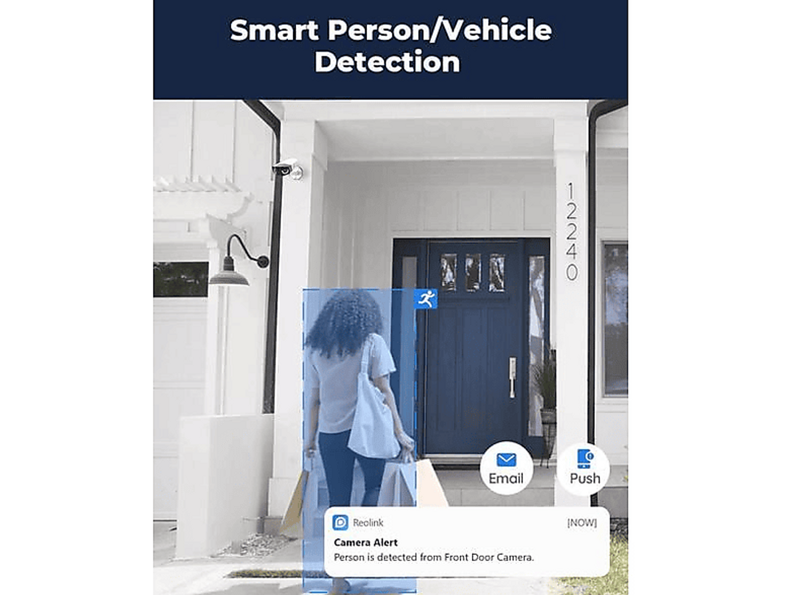 Obraz z kamery bezpieczeństwa Reolink z powiadomieniem o wykryciu osoby.