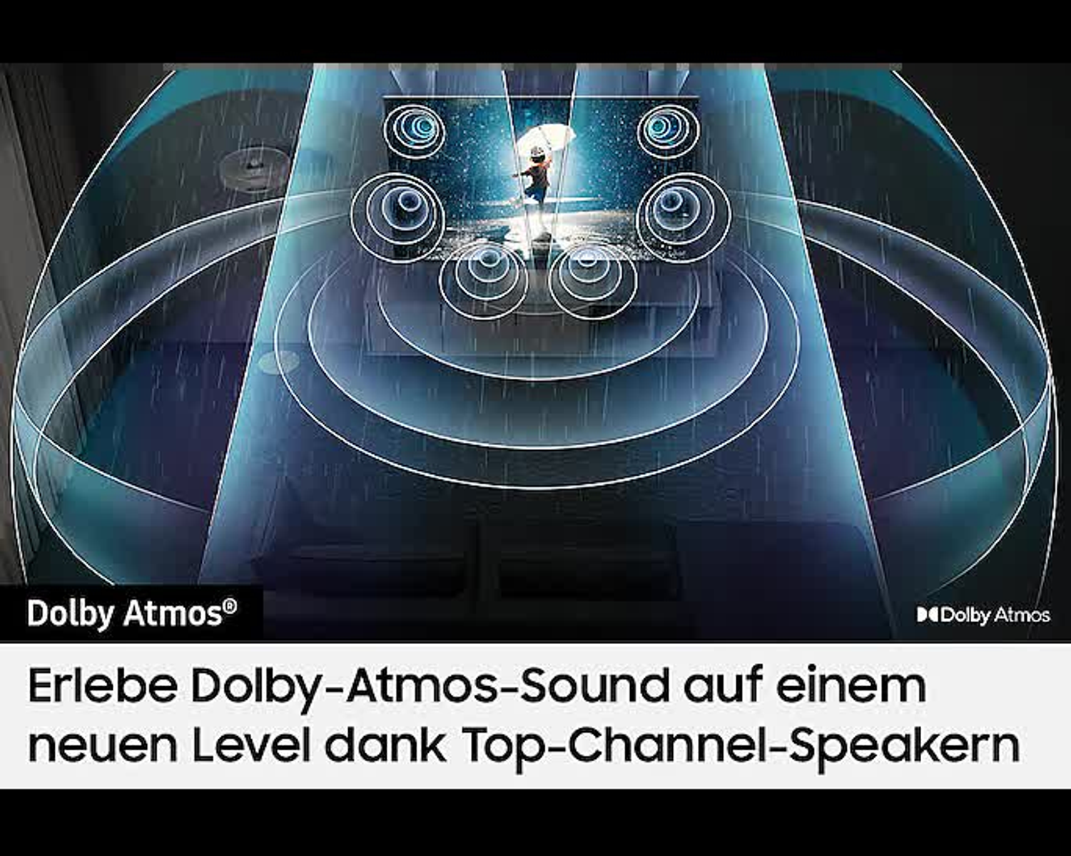 Scena z filmu z falami dźwiękowymi wychodzącymi z telewizora, Dolby Atmos.