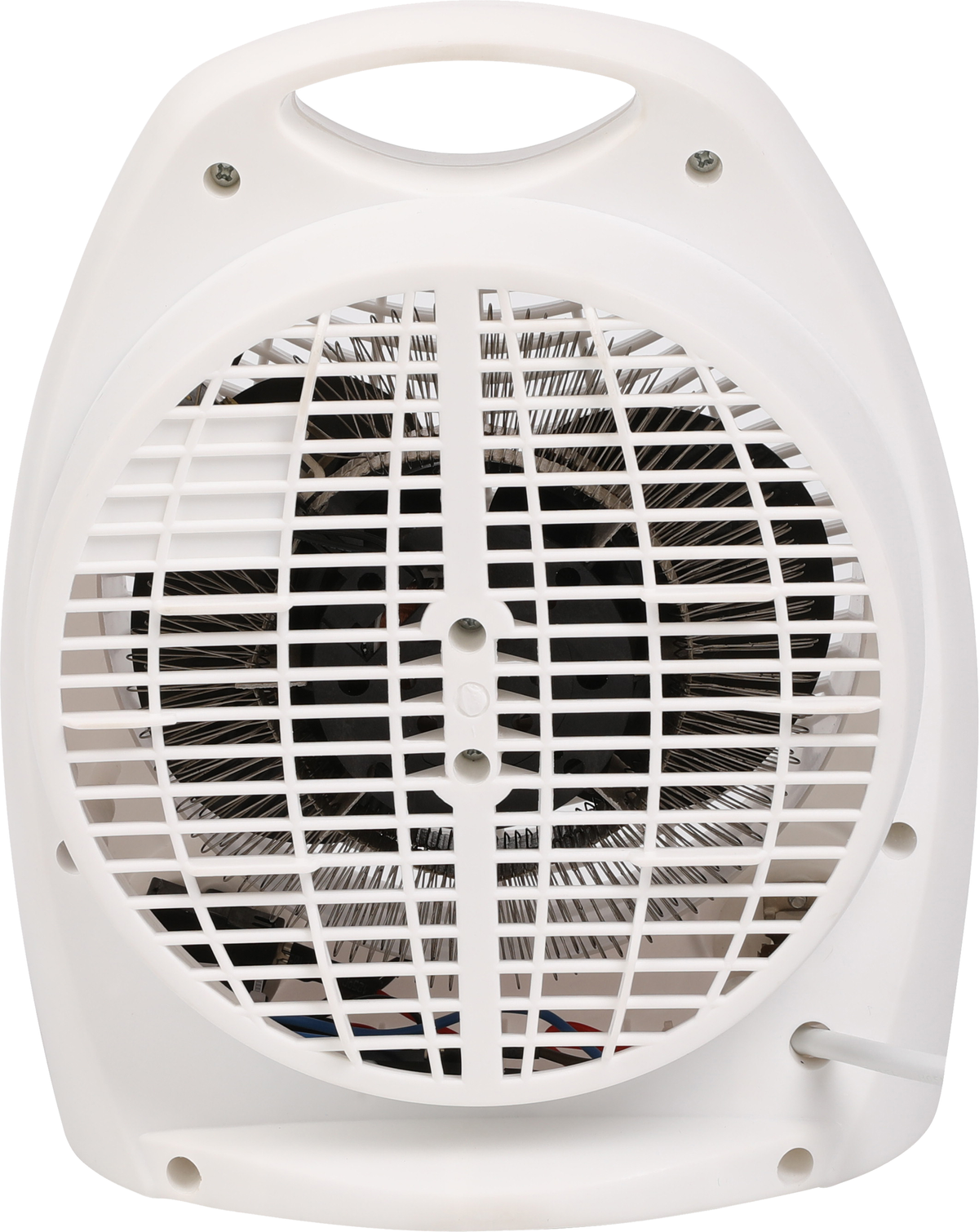 Ein weißer Elektroheizer mit einem Ventilator hinter einem Gitter. Der Heizkörper hat einen weißen Körper.