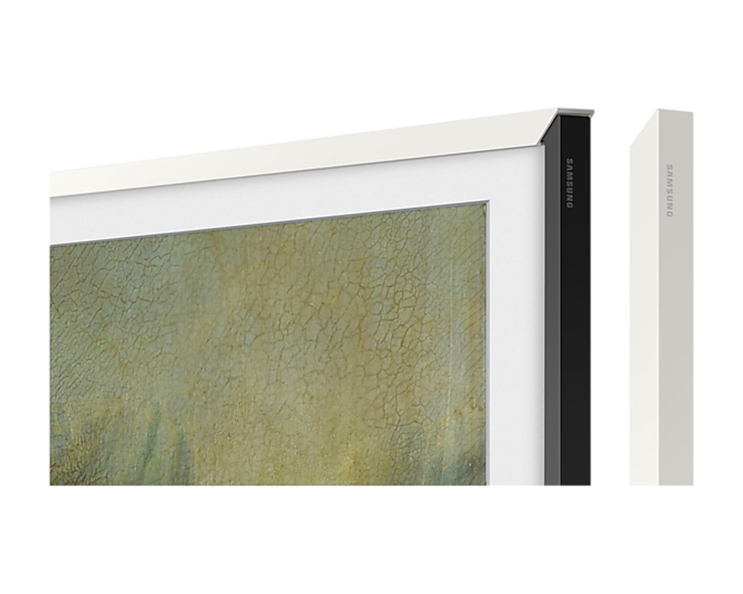 Rama telewizora z obrazem i białym elementem ramy obok.