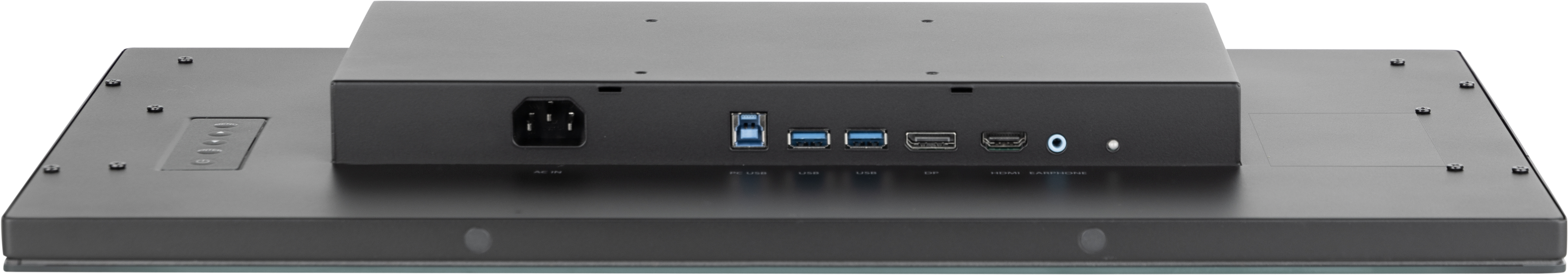 Widok z tyłu czarnego urządzenia. Widoczne porty i złącza.