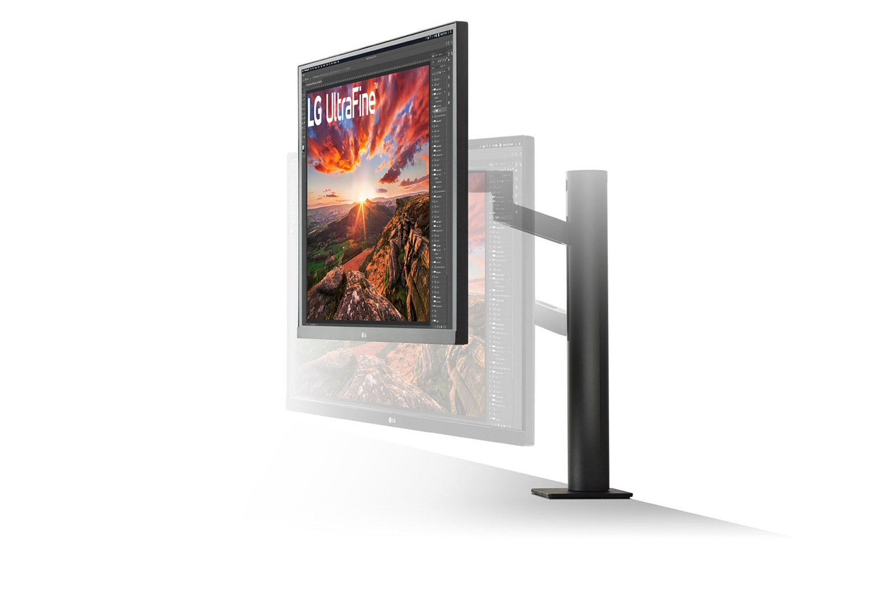 Un monitor con il logo LG UltraFine. Lo schermo mostra un paesaggio.