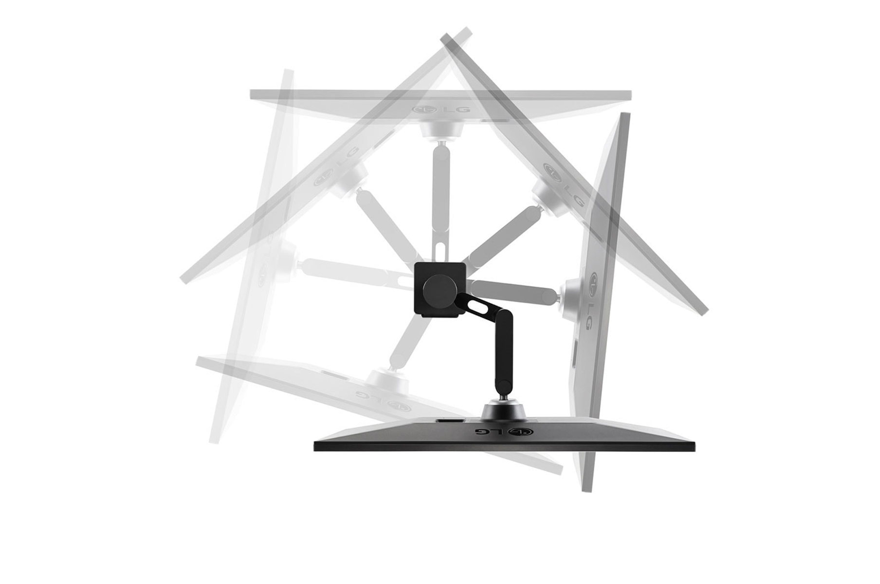 Supporto monitor con braccio flessibile. Più monitor sullo sfondo.
