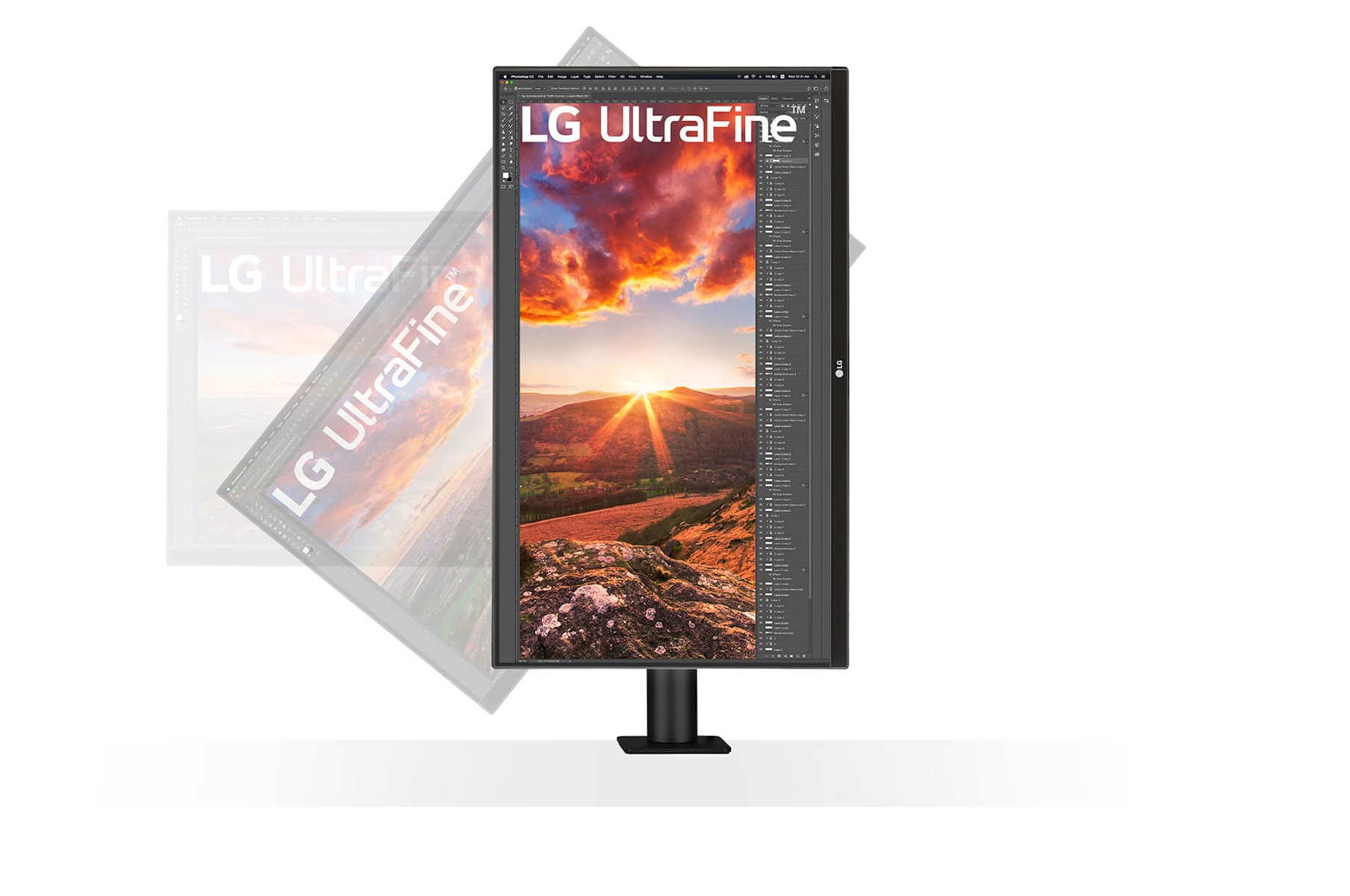 Un monitor con sottile bordo nero, inclinato, con interfaccia desktop visibile.