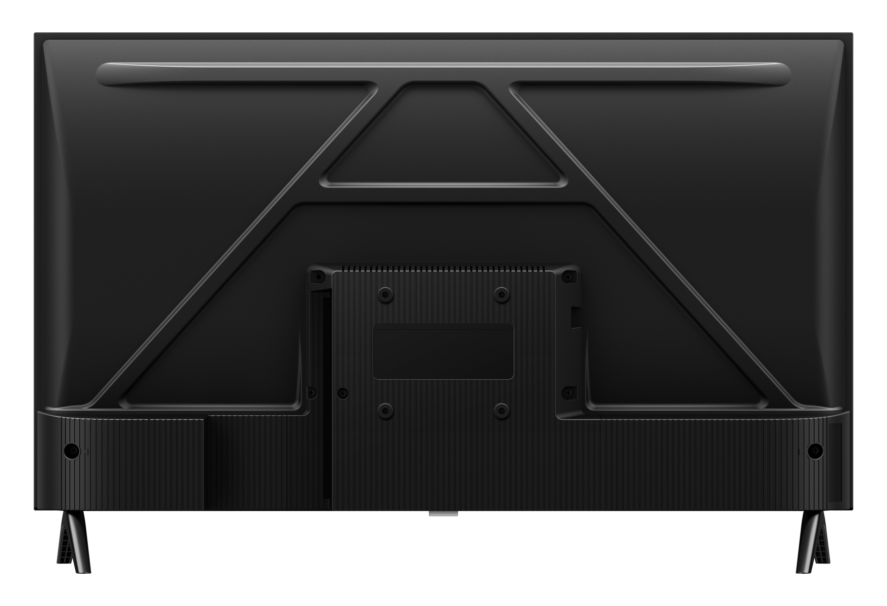 Tył czarnego telewizora. Centralny panel, dwie nóżki. Na białym tle.