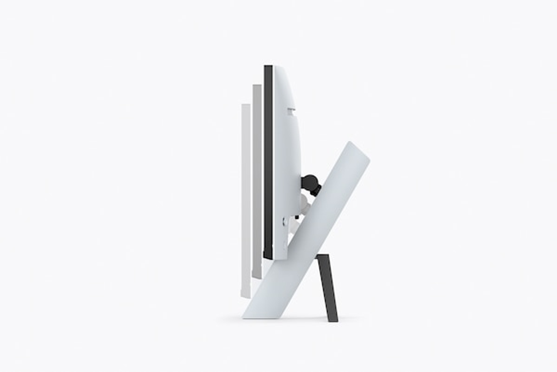 Ein weißer Monitor von der Seite abgewinkelt, der sein Design zeigt.