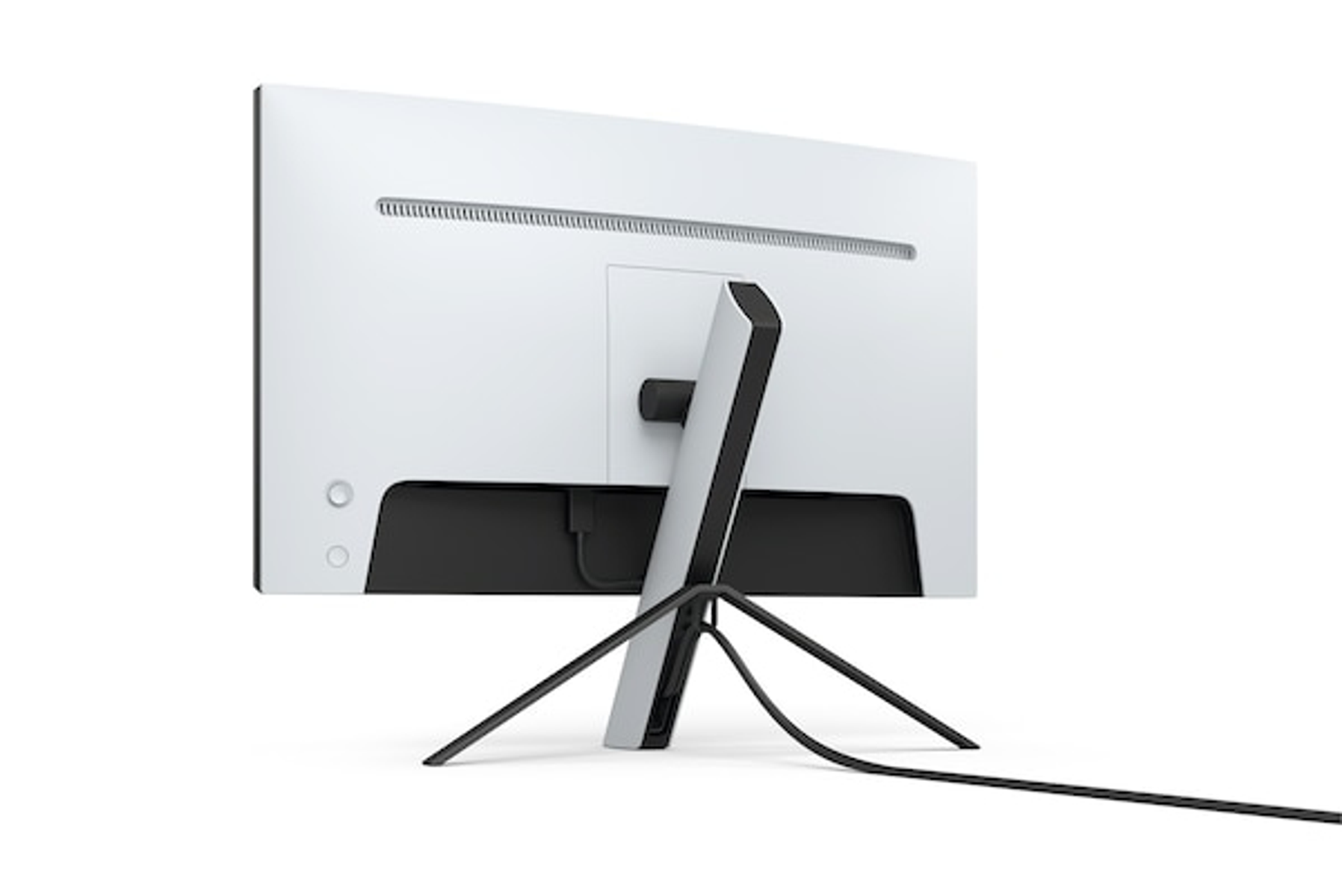 Weißer Computermonitor, der die Rückseite zeigt. Er hat einen schwarzen Ständer und ein Netzkabel.