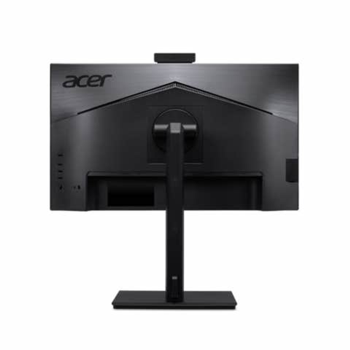 Monitor per computer nero, vista posteriore, con supporto nero su sfondo bianco.