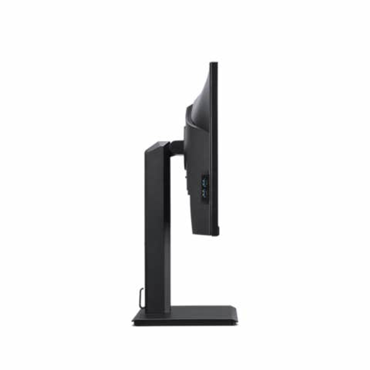 Un monitor in vista di profilo, cornice e supporto neri.