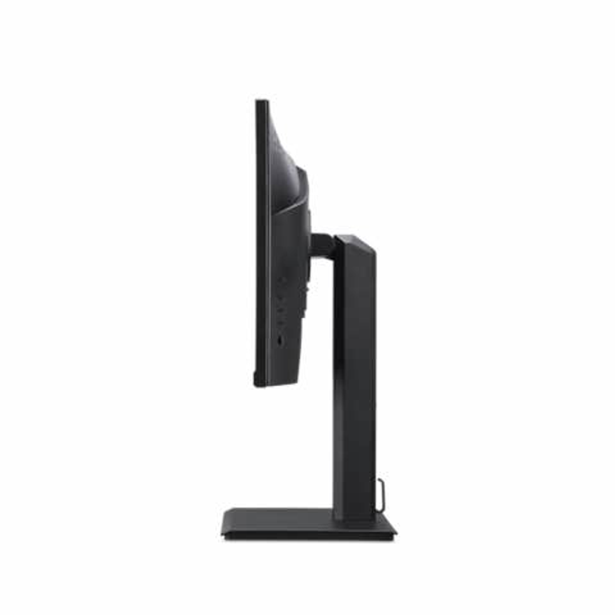 Un monitor per computer nero visto di lato, che mostra lo schermo e il supporto.