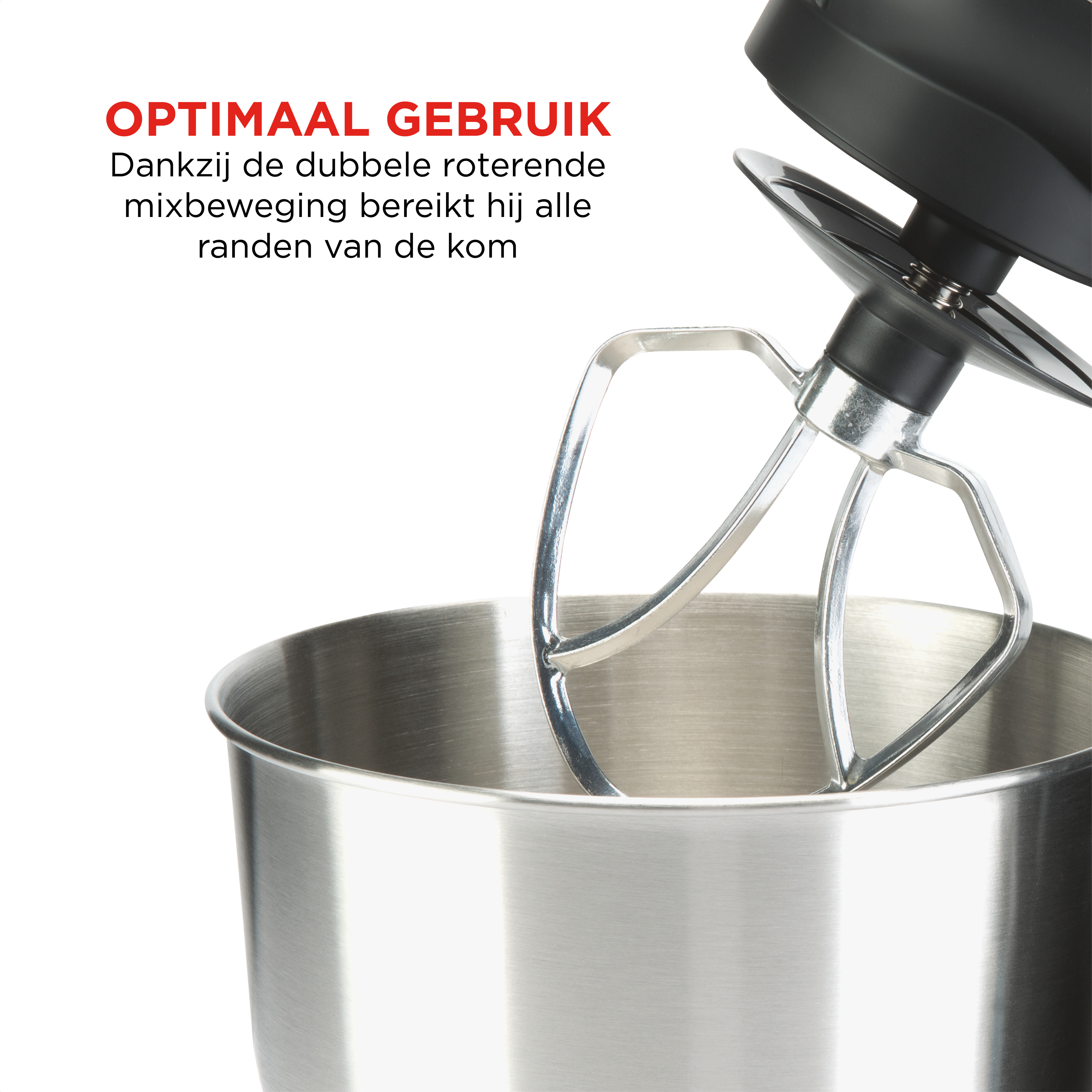 Nahaufnahme eines Mixers mit einer Edelstahlschüssel. Text: Optimale Verwendung.