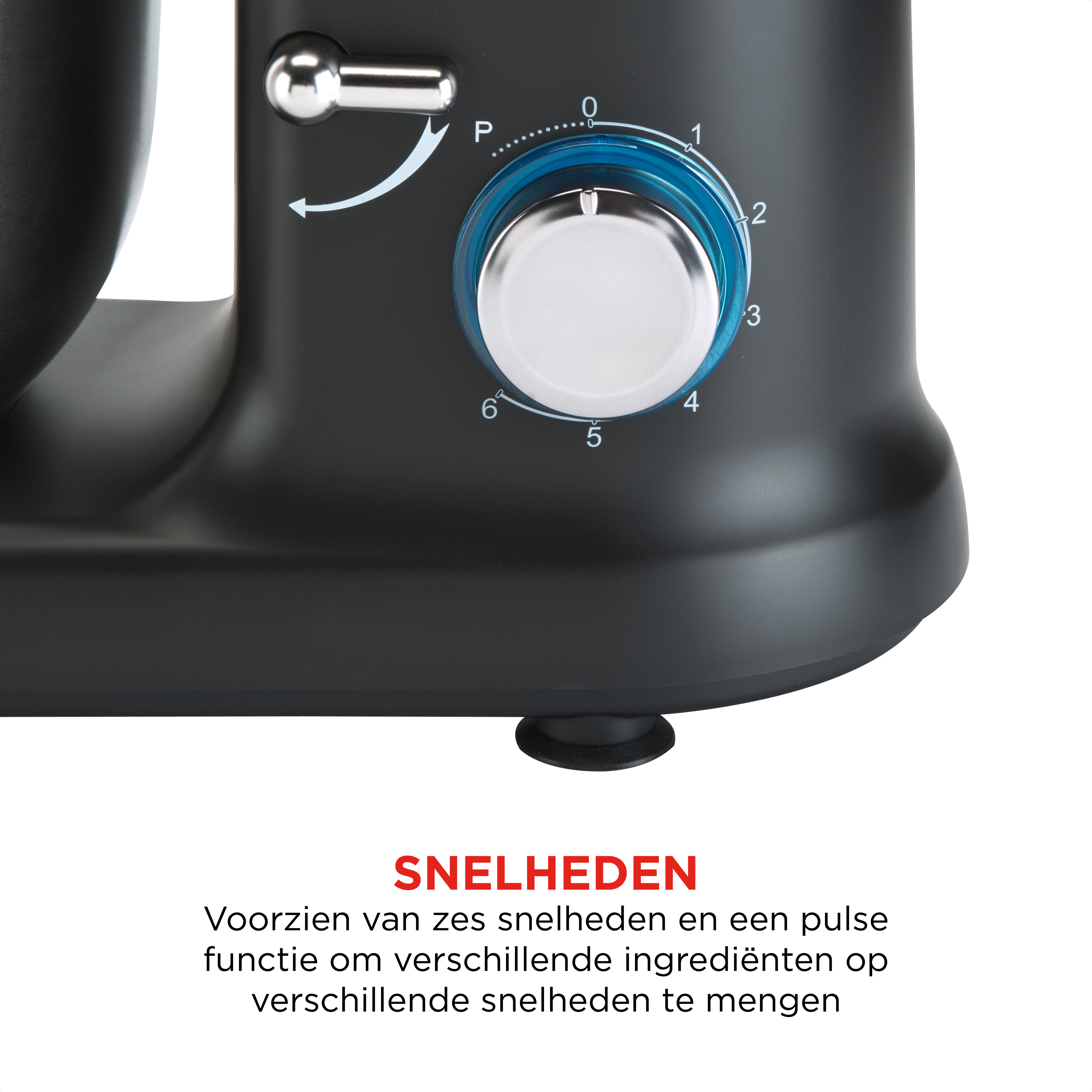 Schwarzer Küchenmixer mit Geschwindigkeitsregler. Der Regler hat Zahlen von 0-6 und ein P. Text: SNELHEDEN.