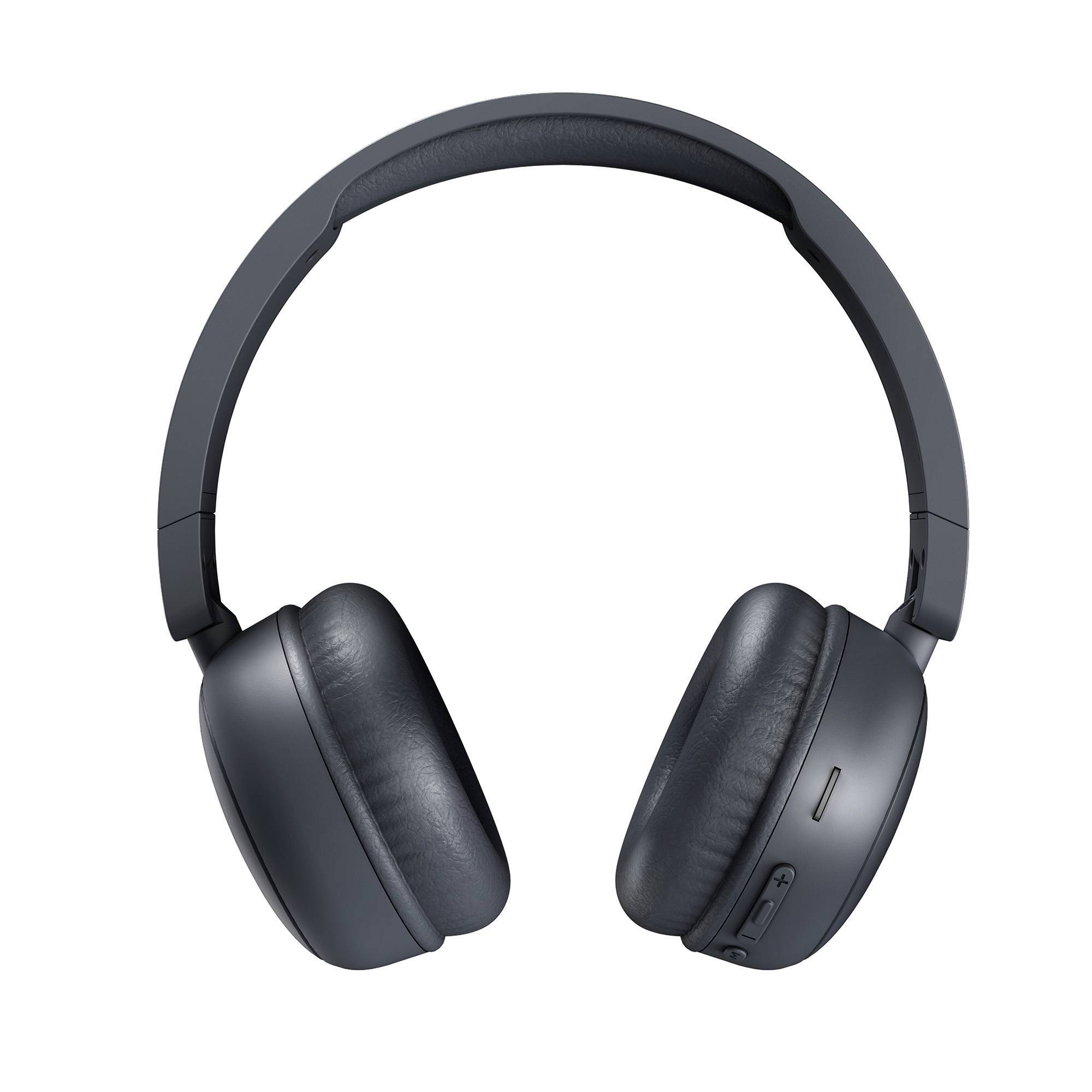 Auriculares negros sobre un fondo blanco, vista superior. Los auriculares son sencillos.