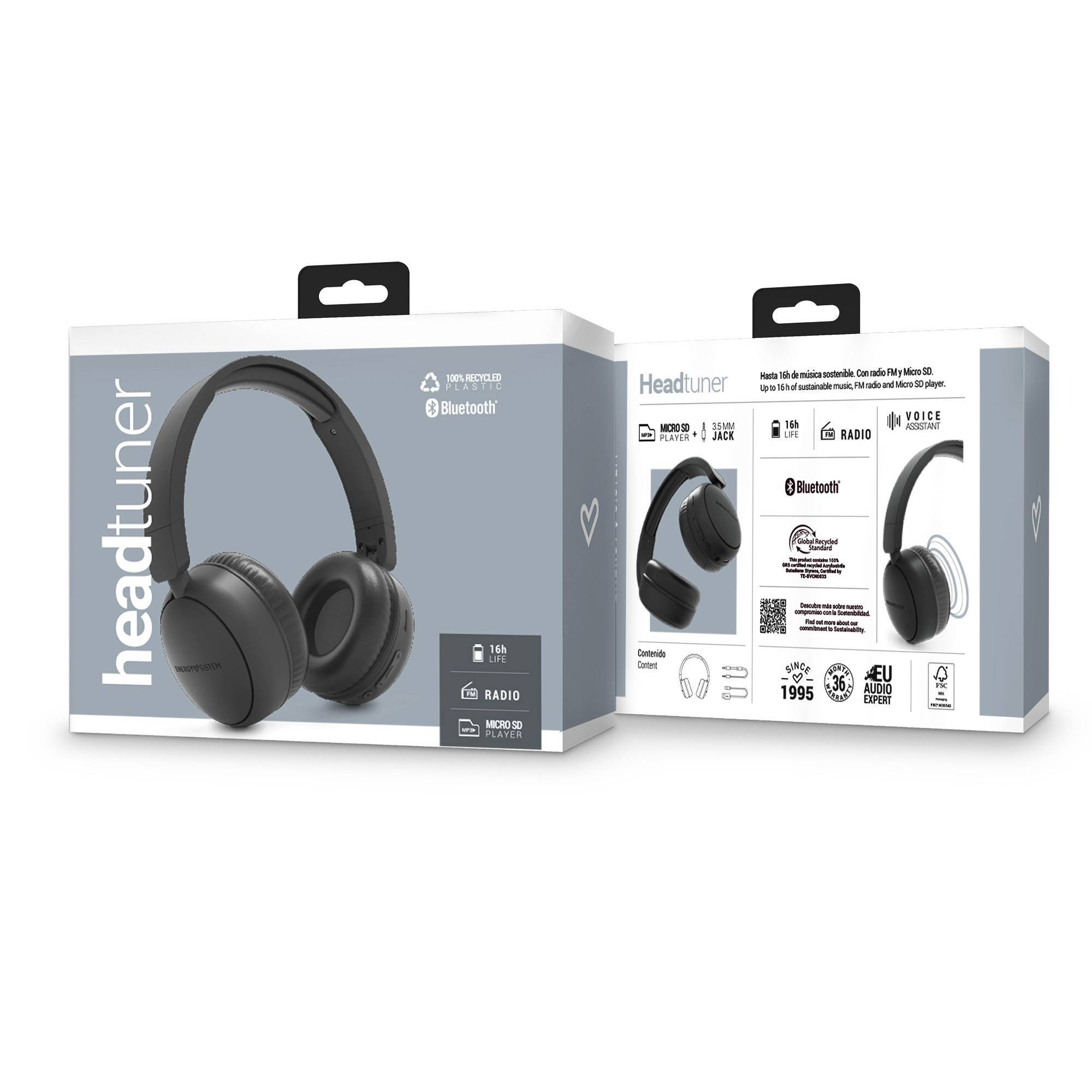 Caja de auriculares con auriculares negros. Texto incluye "Bluetooth", "Radio" y "16h life".