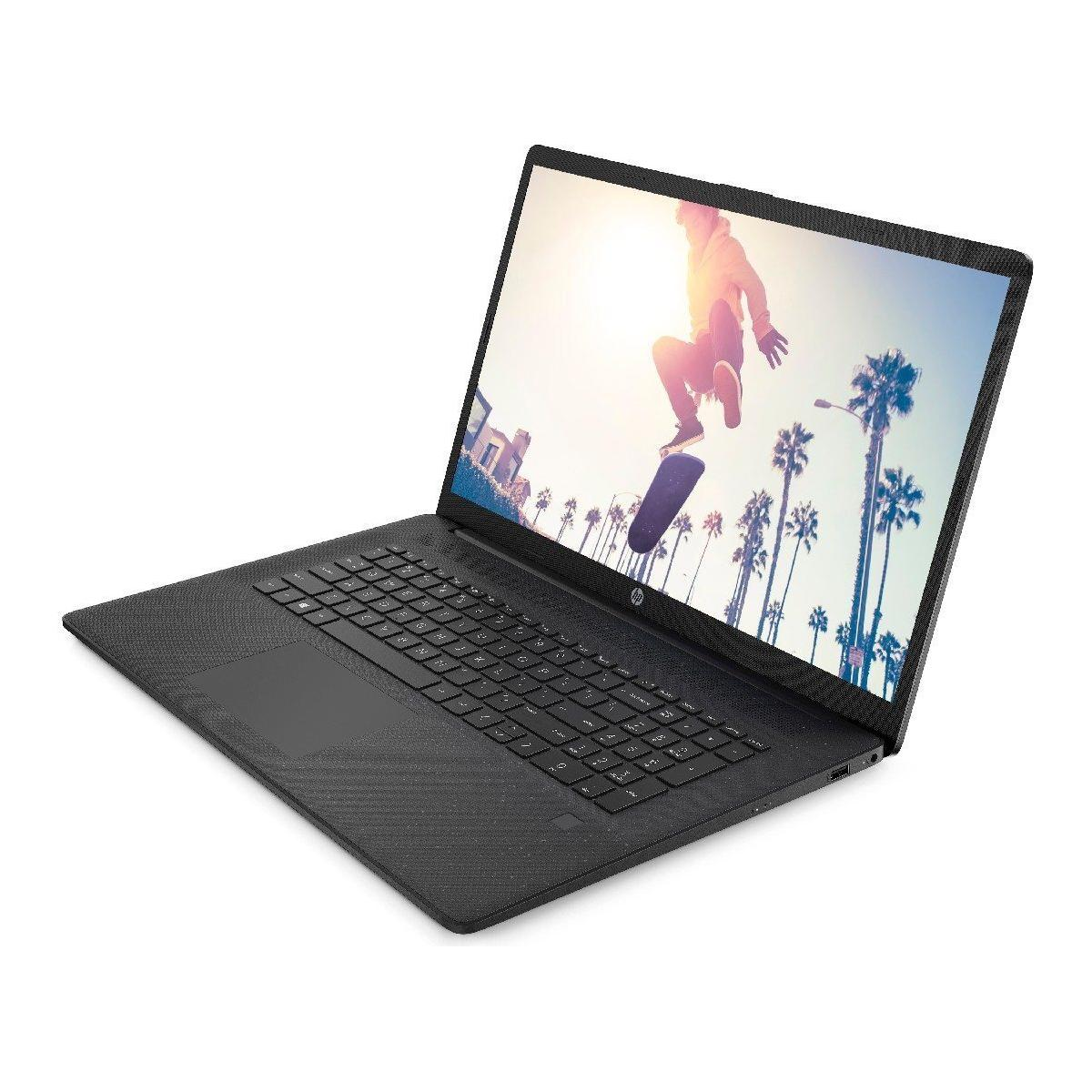 Schwarzer Laptop, geöffnet, der einen Skateboarder in der Luft zeigt, Palmen im Hintergrund.