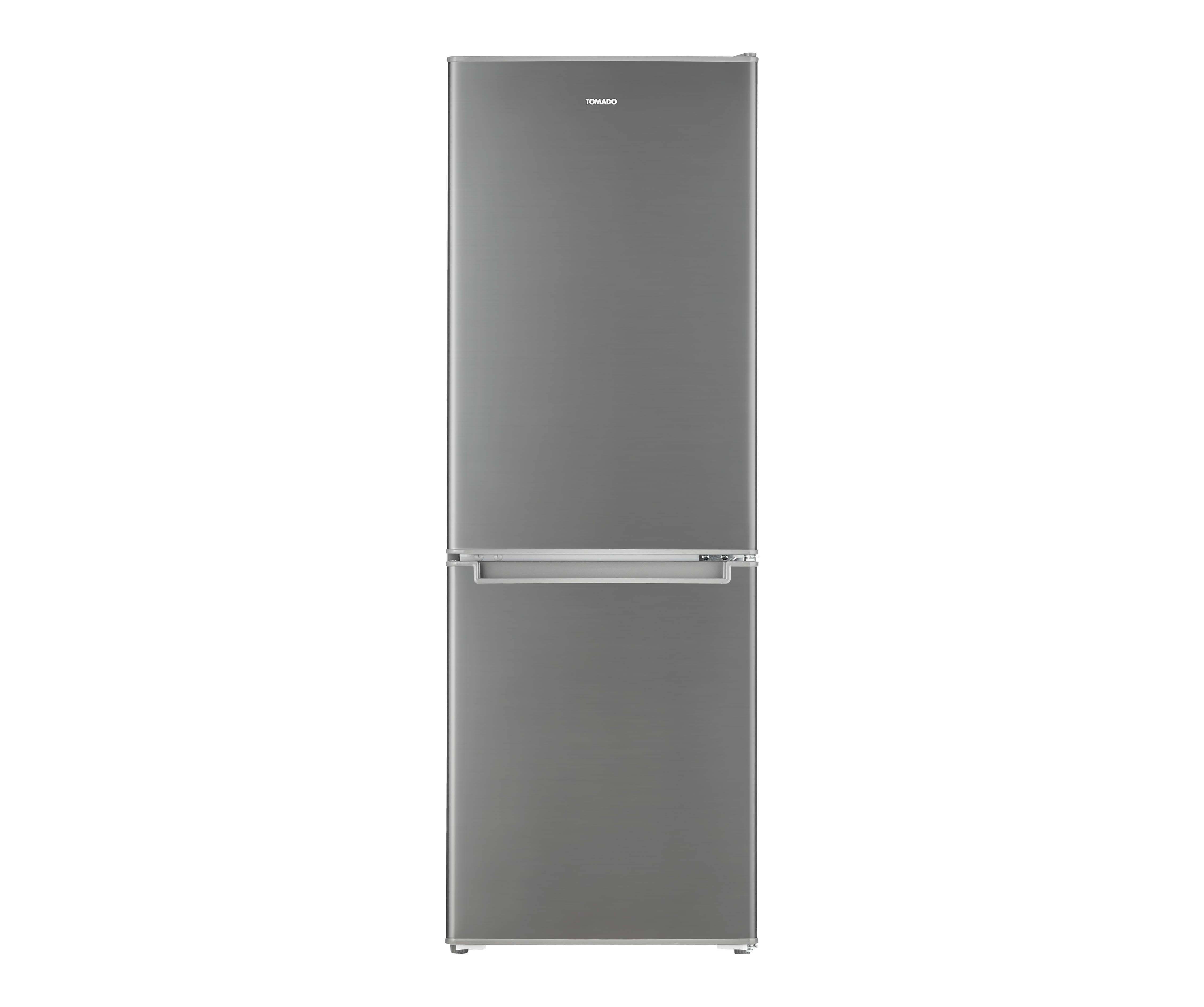 Grey refrigerator with two doors. The brand name is TOMADO.