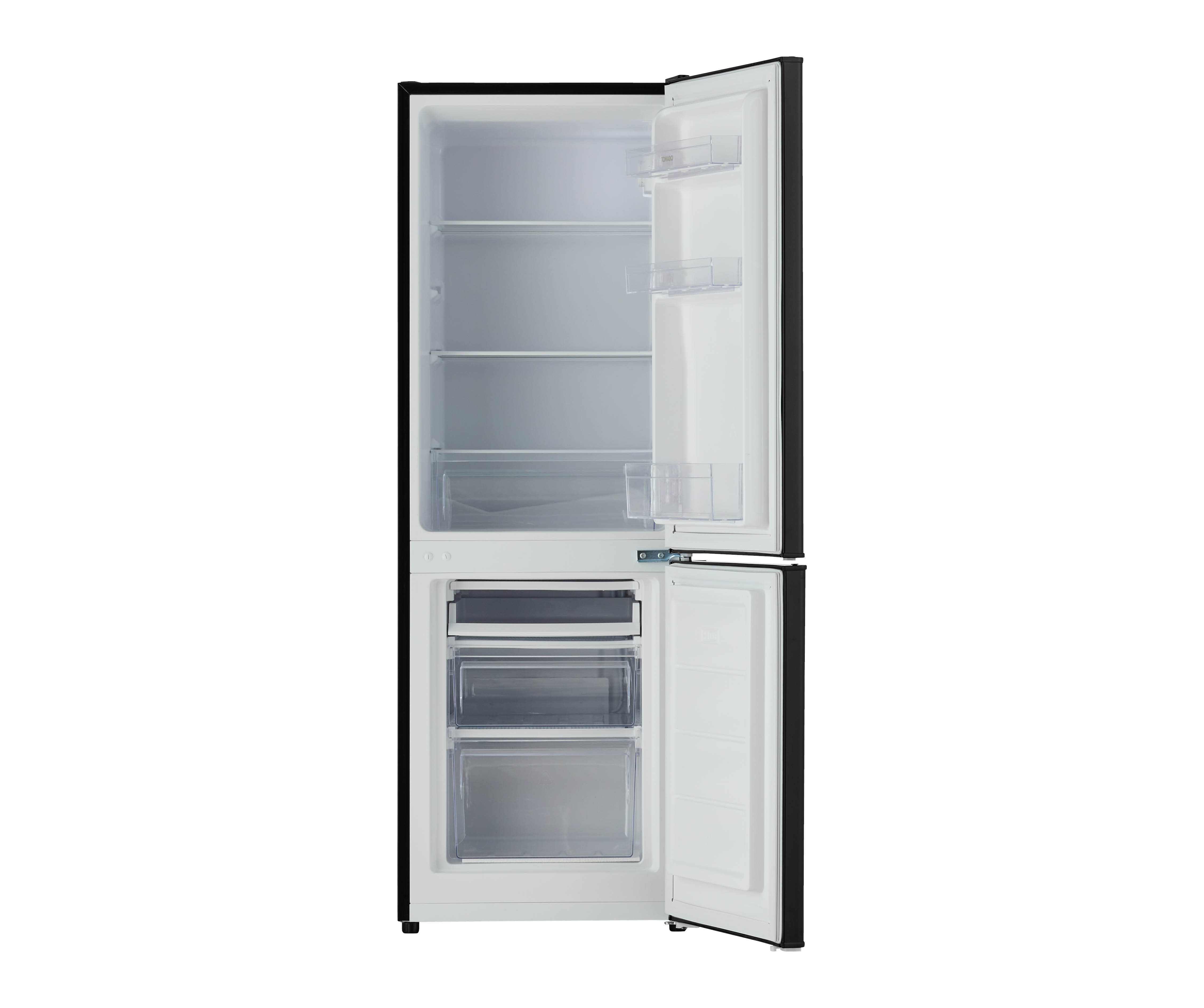 Open black refrigerator with shelves and drawers. Empty interior.