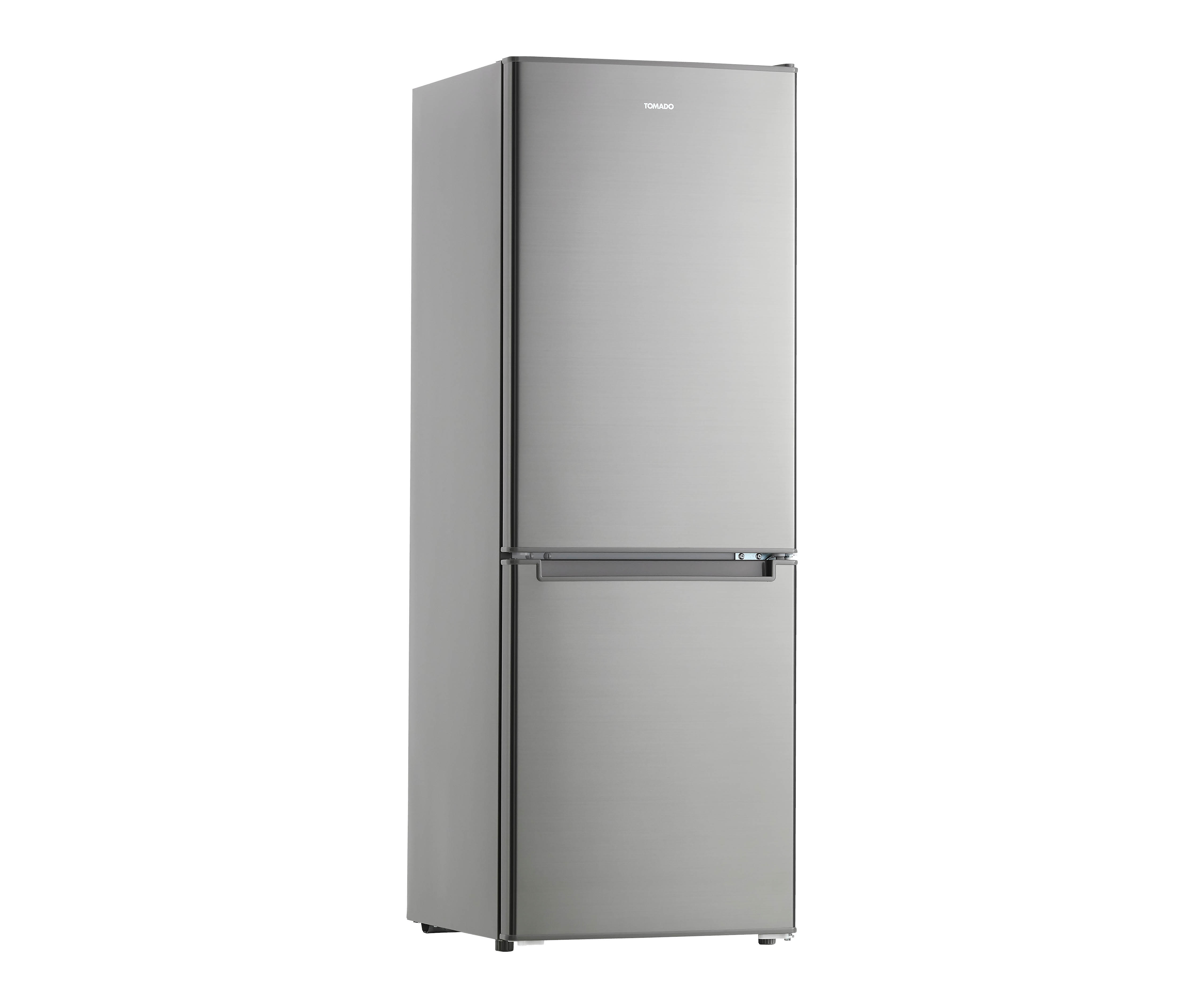 Silver refrigerator with two doors. The top door has a logo.