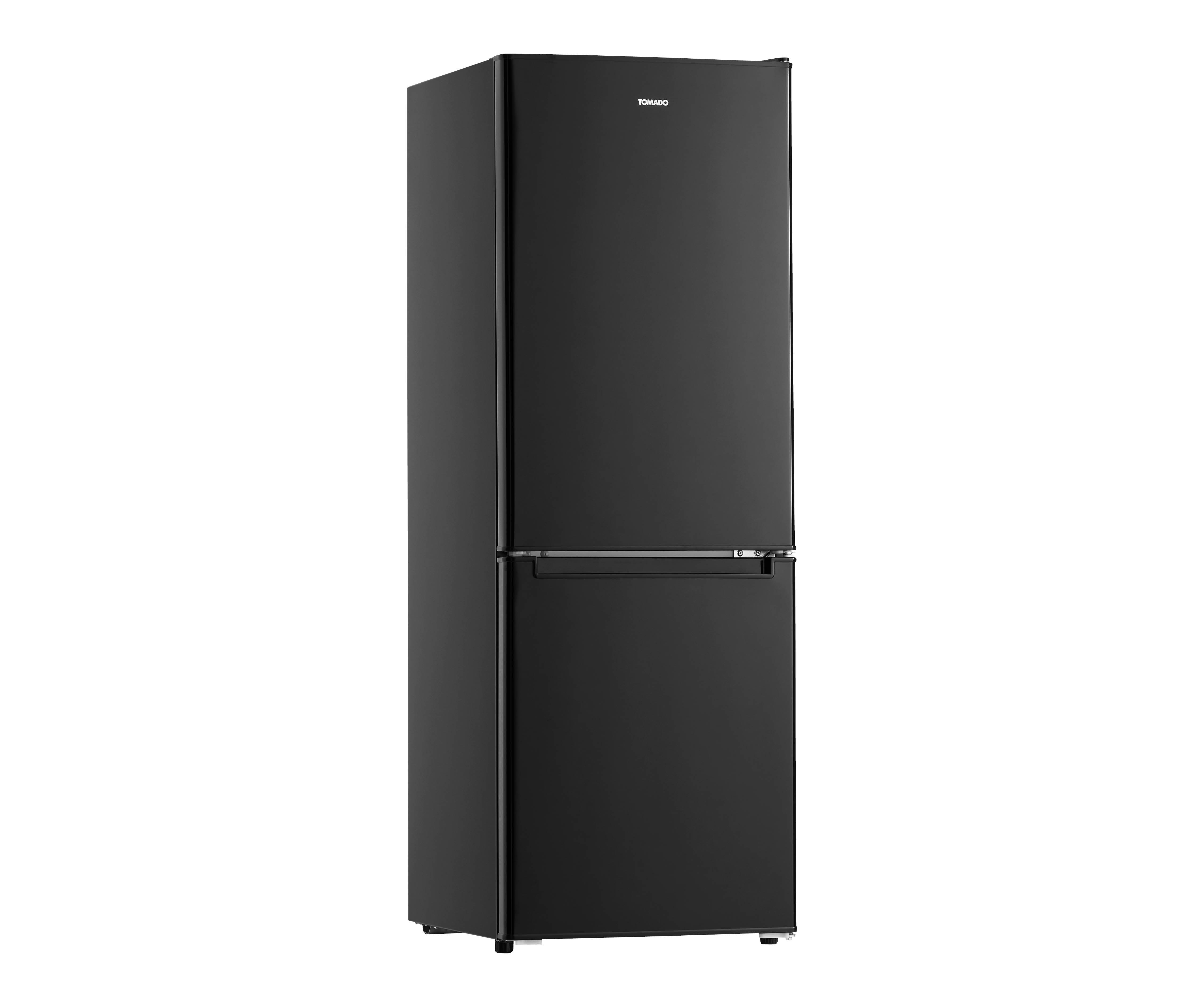 A black refrigerator. It has two doors and the brand name is on top. It is on a white background.