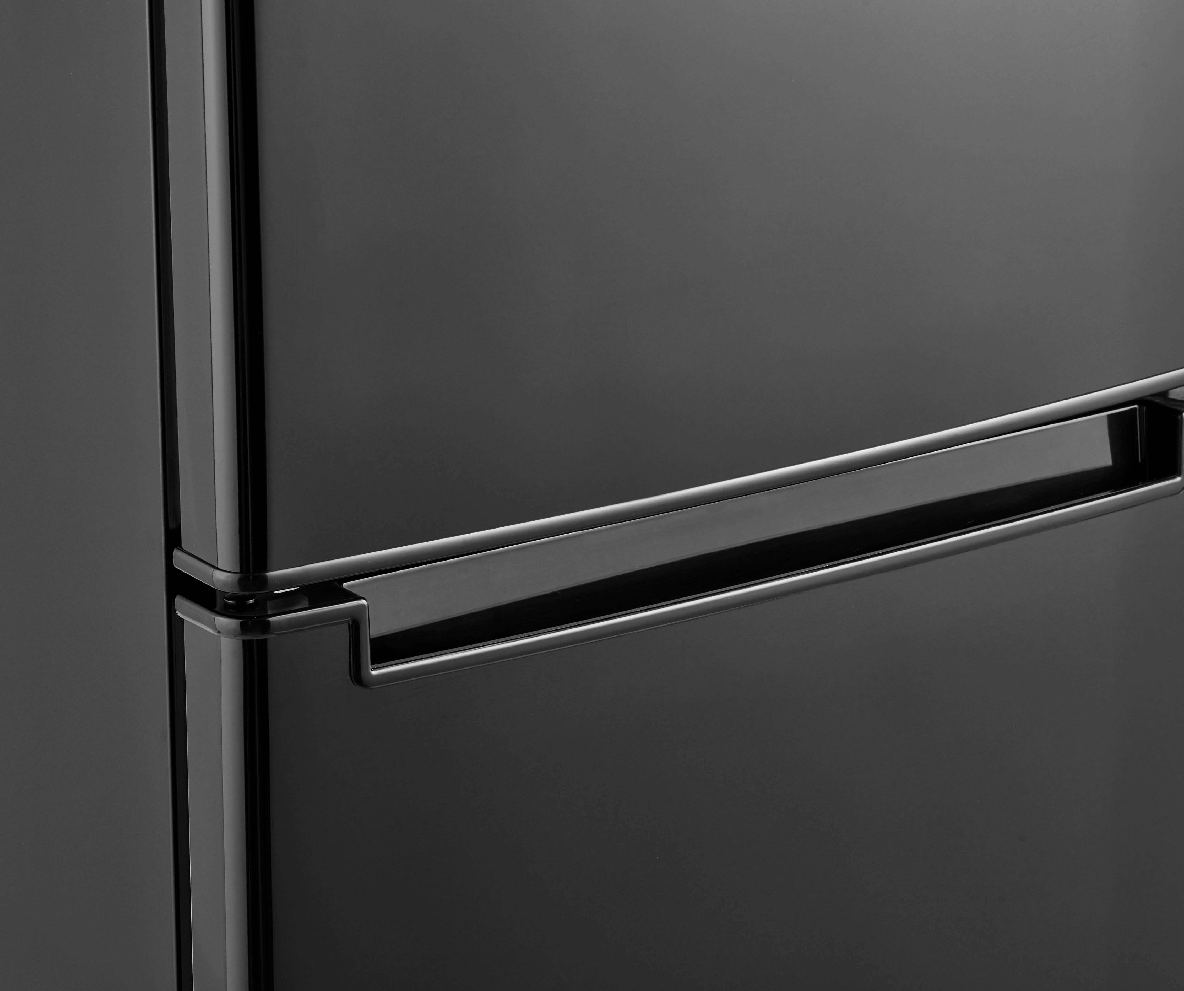 Close-up of a black refrigerator door with a handle. The surface is glossy.