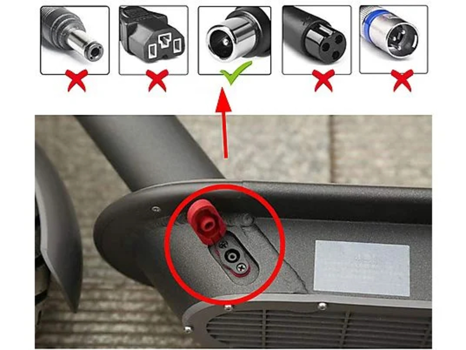 Imagen que muestra el área del puerto de carga de un scooter, con diferentes tipos de cargadores.