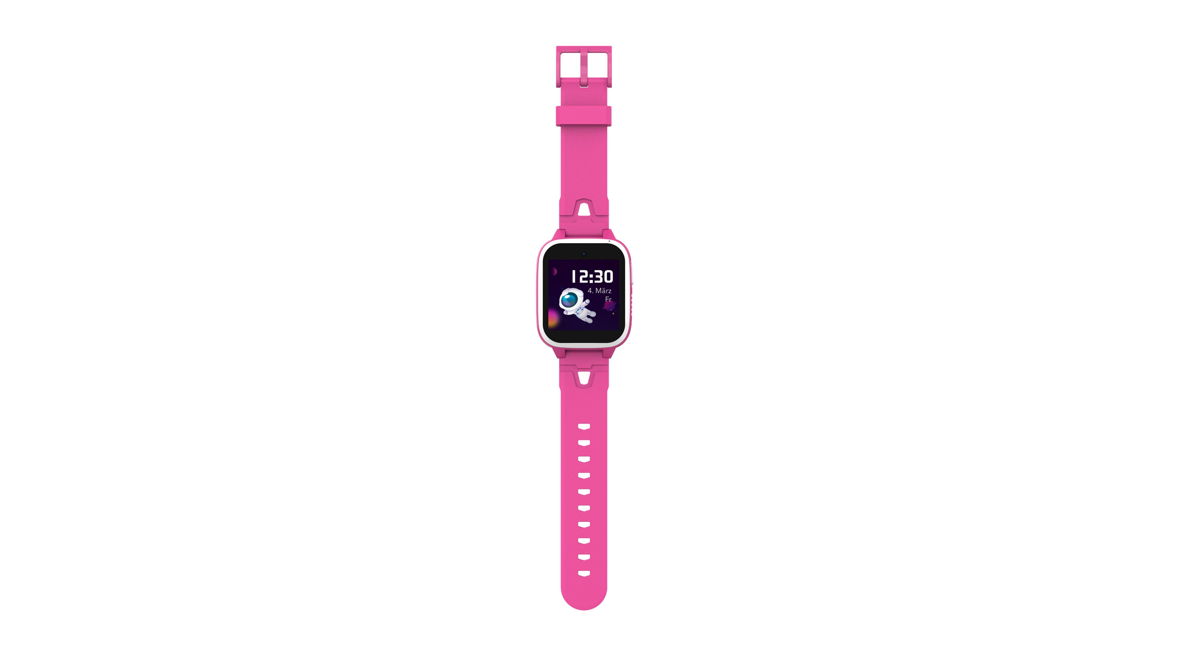 Uno smartwatch rosa con cinturino rosa, che mostra l'ora 12:30 e un display a tema spaziale.