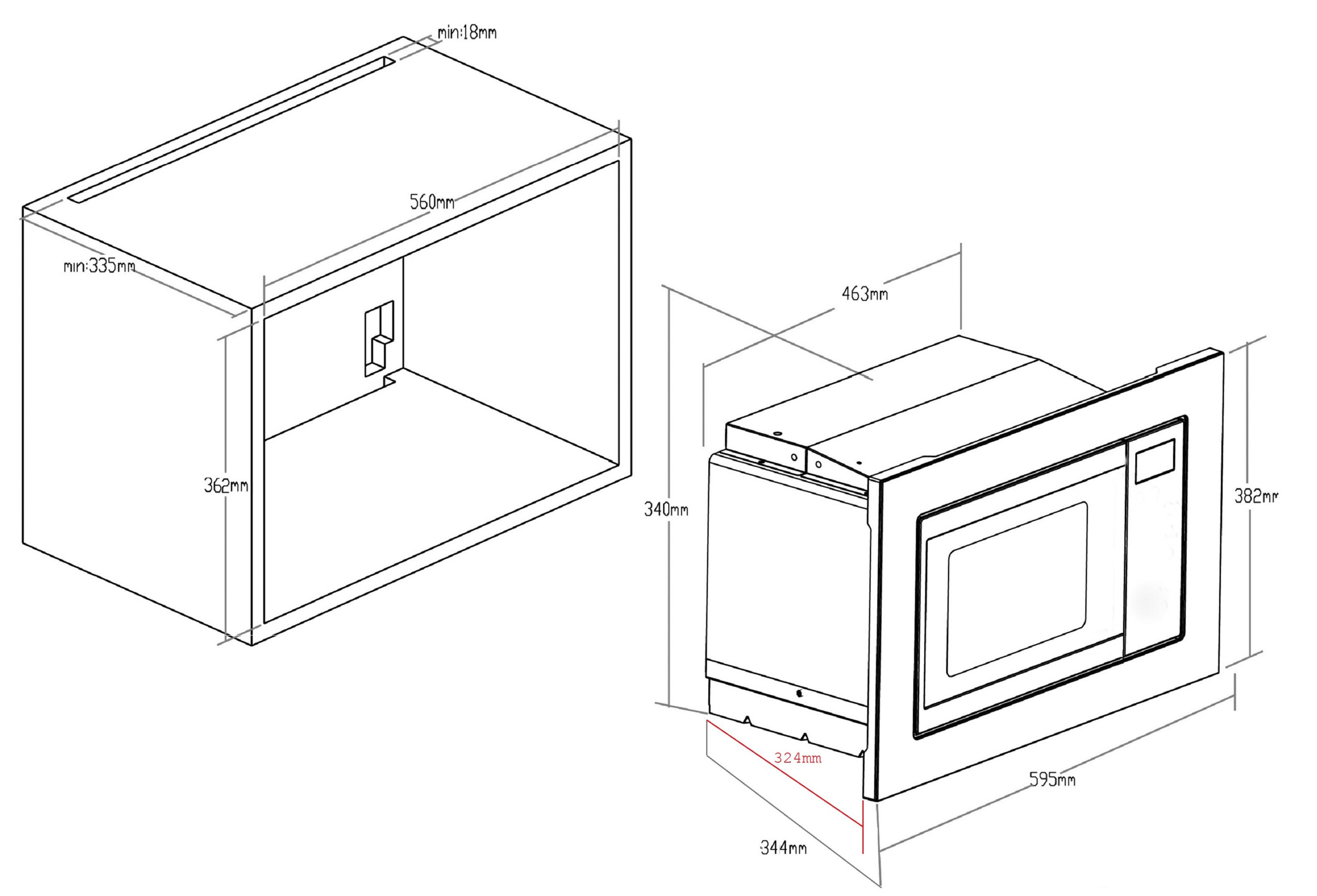 Diagramm einer Mikrowelle mit Abmessungen. Die Mikrowelle befindet sich rechts von einem Schrank.