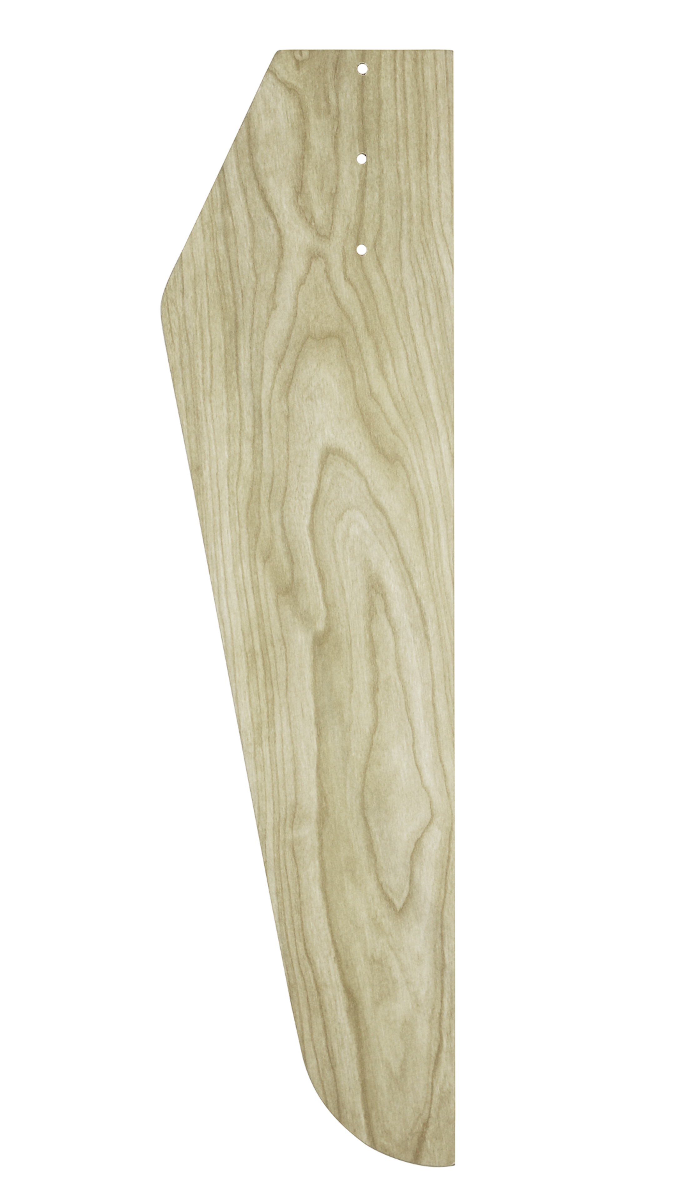 Una pala di ventilatore in legno, color marrone chiaro, con venature del legno visibili e tre piccoli fori.