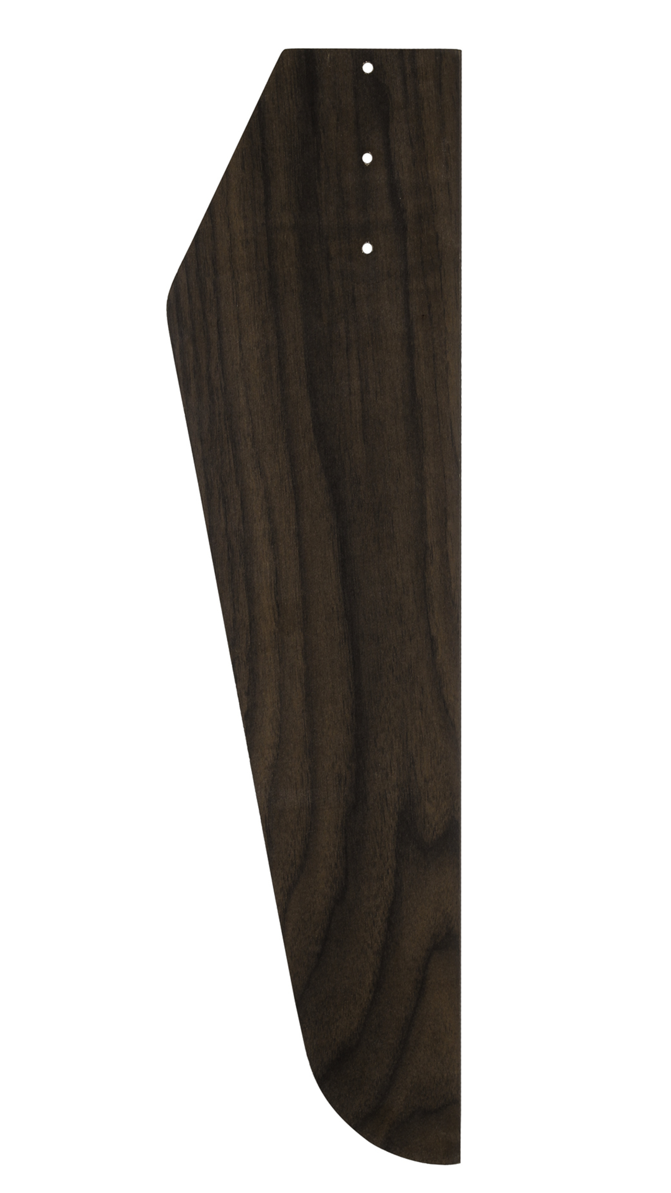 Una pala del ventilatore in legno marrone scuro con tre fori, su sfondo bianco.