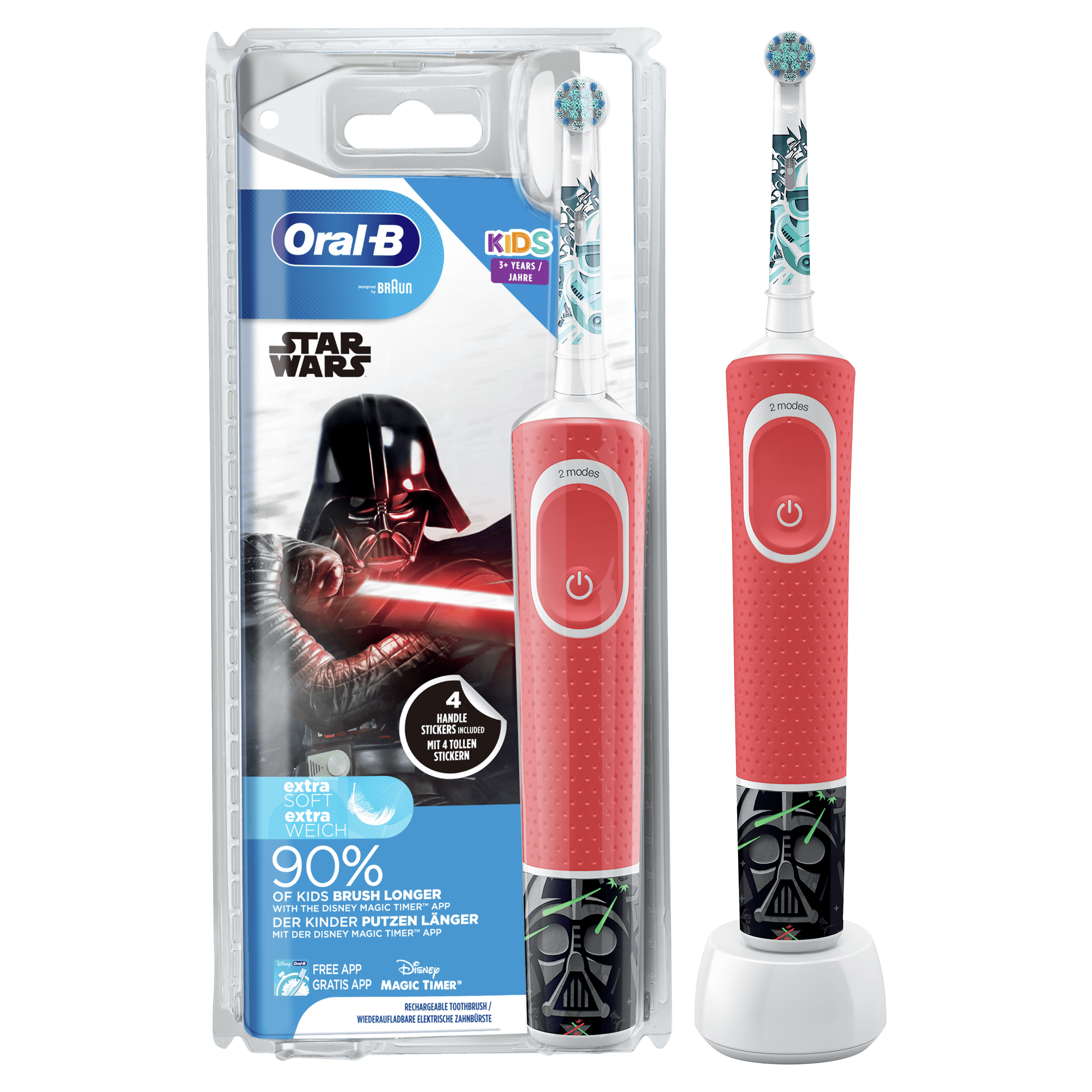 Czerwona i różowa elektryczna szczoteczka do zębów z motywem Gwiezdnych Wojen.