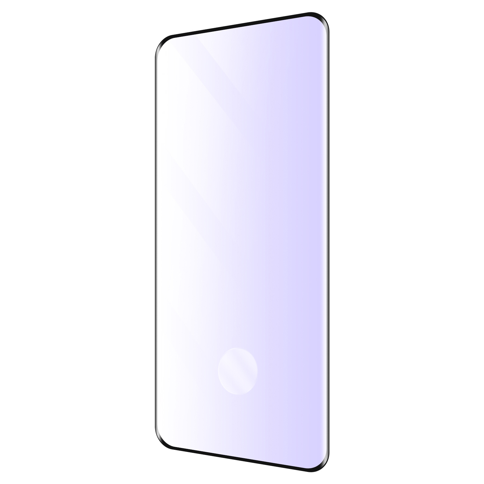 Una protezione schermo per smartphone. È rettangolare con bordi arrotondati. Lo schermo ha una sfumatura viola e un cerchio.