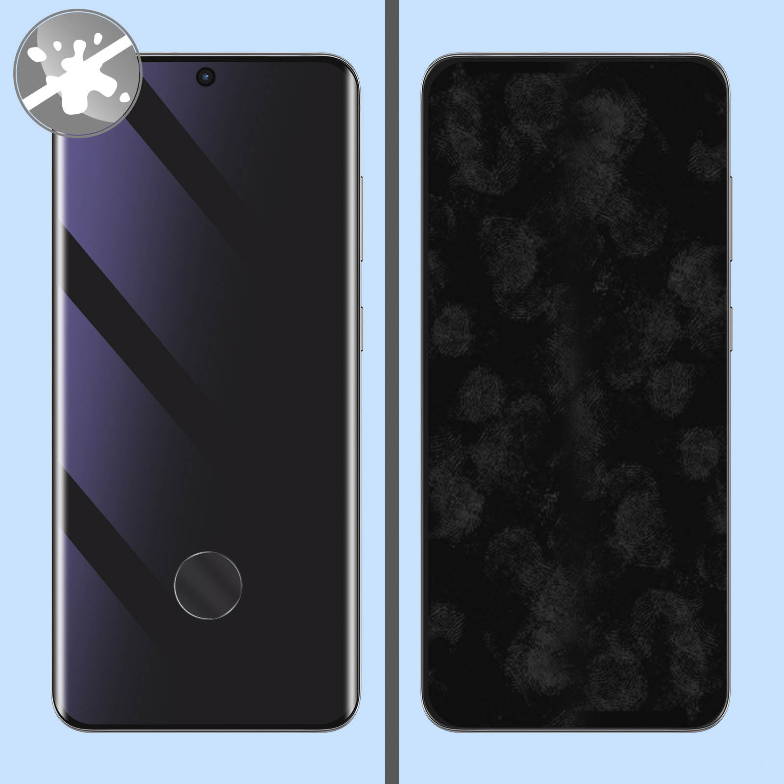 Due smartphone. Il telefono a sinistra è pulito, quello a destra mostra impronte digitali. Un'icona bianca di spruzzo è in alto a sinistra.