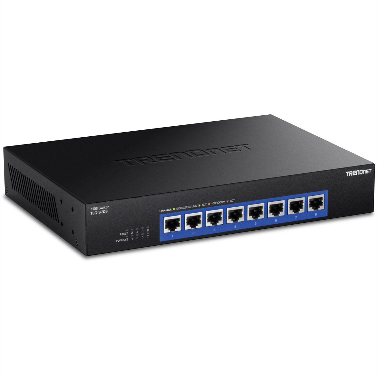 Zwarte TRENDnet 10G switch, vooraanzicht. Acht poorten beschikbaar, gemarkeerd 1-8. Het TRENDnet-logo is zichtbaar.
