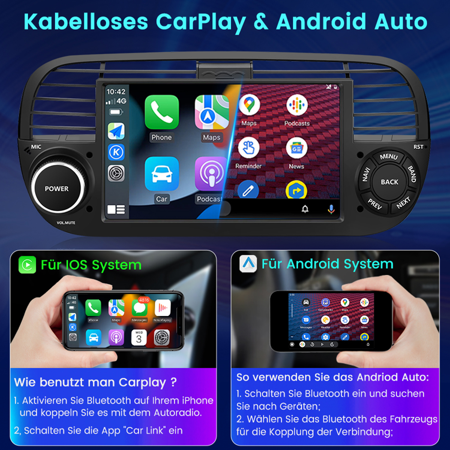 Ein Autoradio mit mehreren Apps. Es zeigt, wie CarPlay und Android Auto verwendet werden.