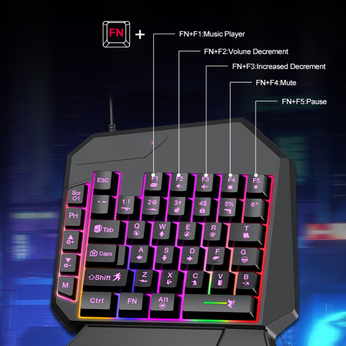 Eine schwarze Gaming-Tastatur mit farbigen Lichtern und Funktionstasten.