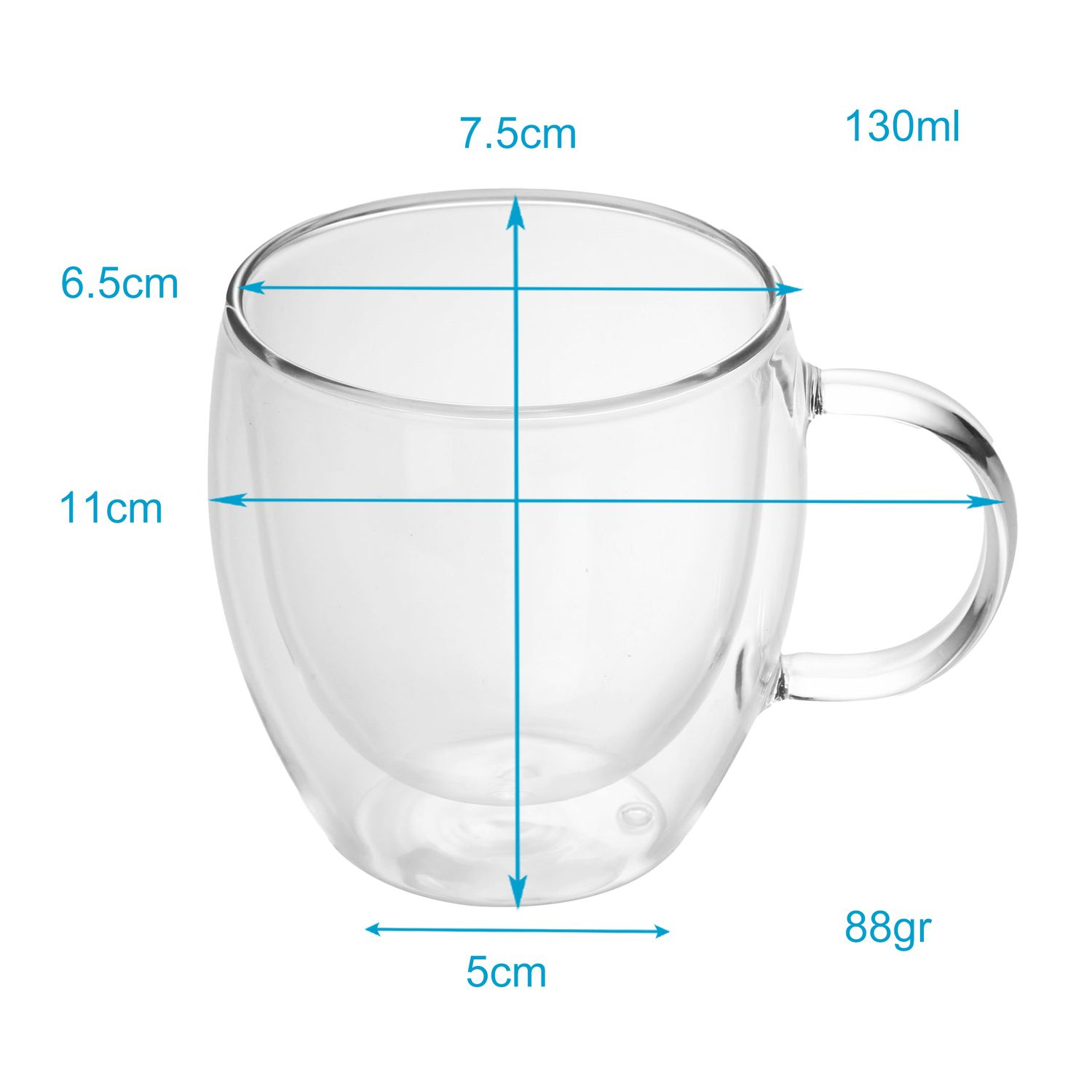 Transparentes doppelwandiges Glas mit einer Höhe von 11 cm und Abmessungen.