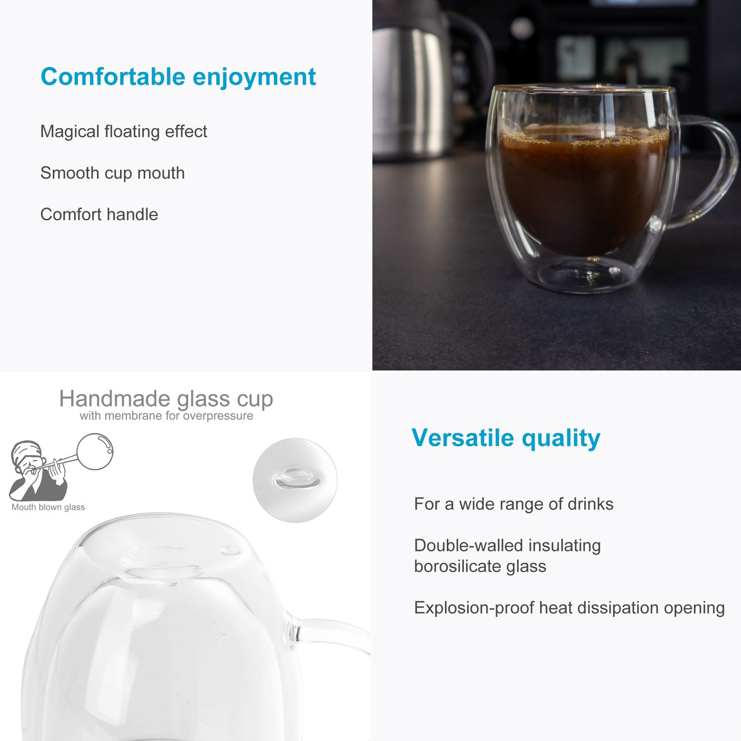 Glasbecher mit Kaffee und Text über Genuss.