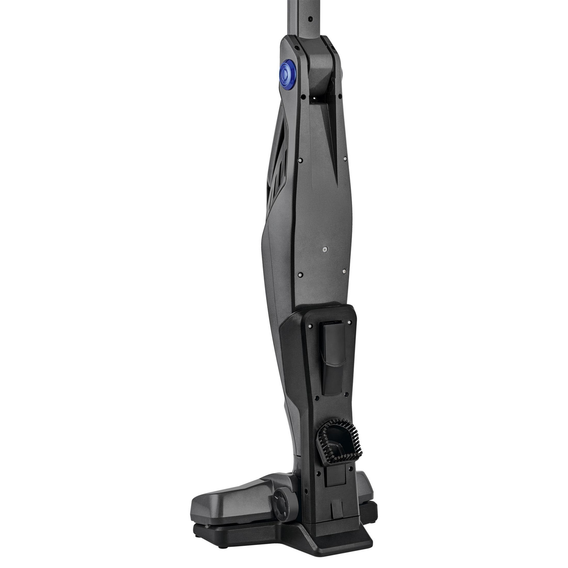 Czarny odkurzacz pionowy. Stoi pionowo i ma szczotkę.