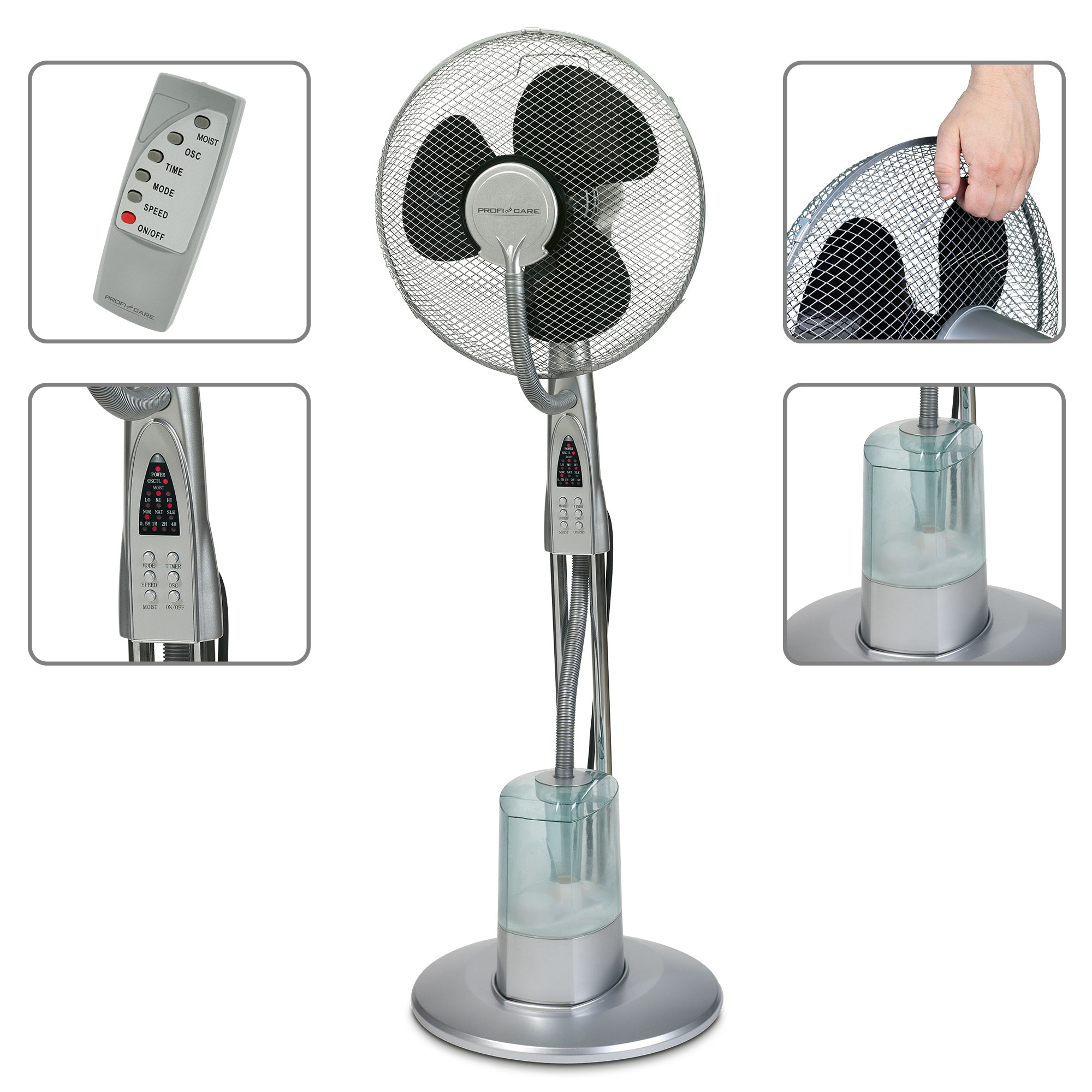 Wieloczęściowy obraz wentylatora mgiełkowego z pilotem i zbliżeniami jego funkcji.
