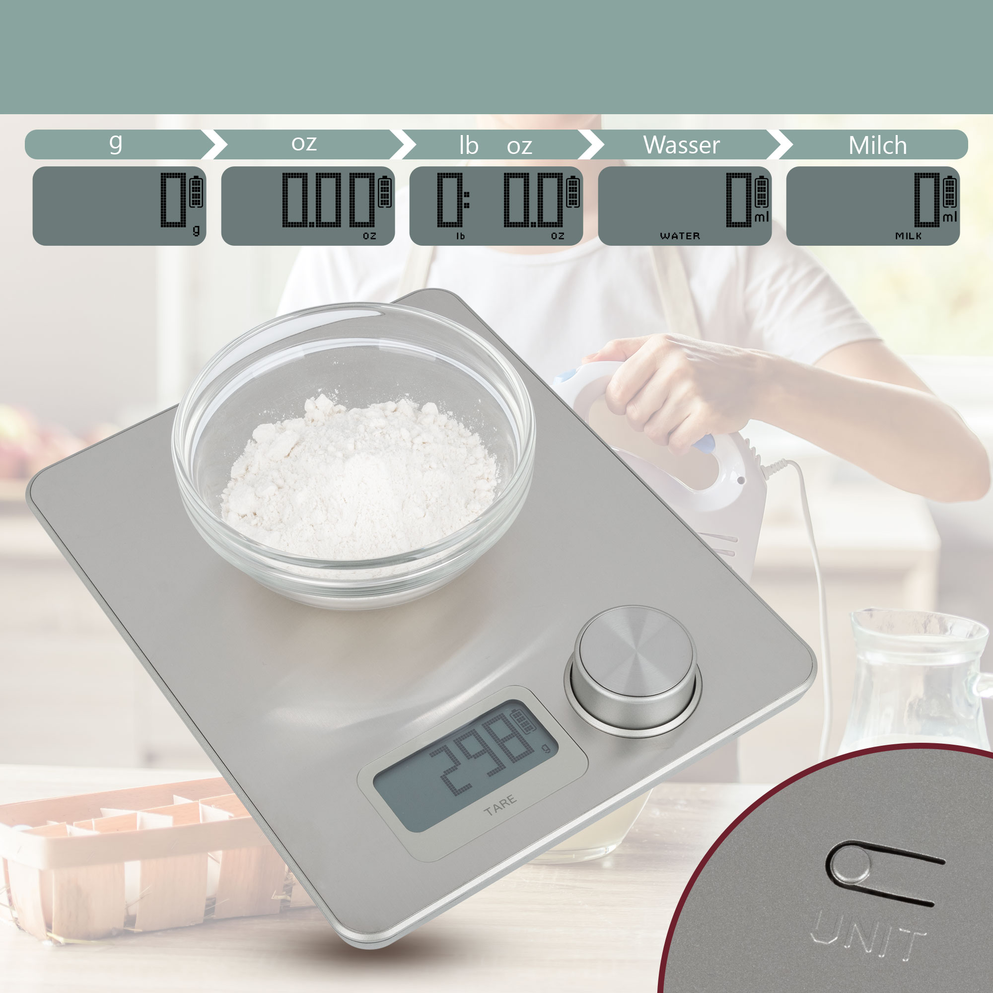 Cyfrowa waga kuchenna z miską mąki, miską do mieszania i osobą trzymającą mikser.