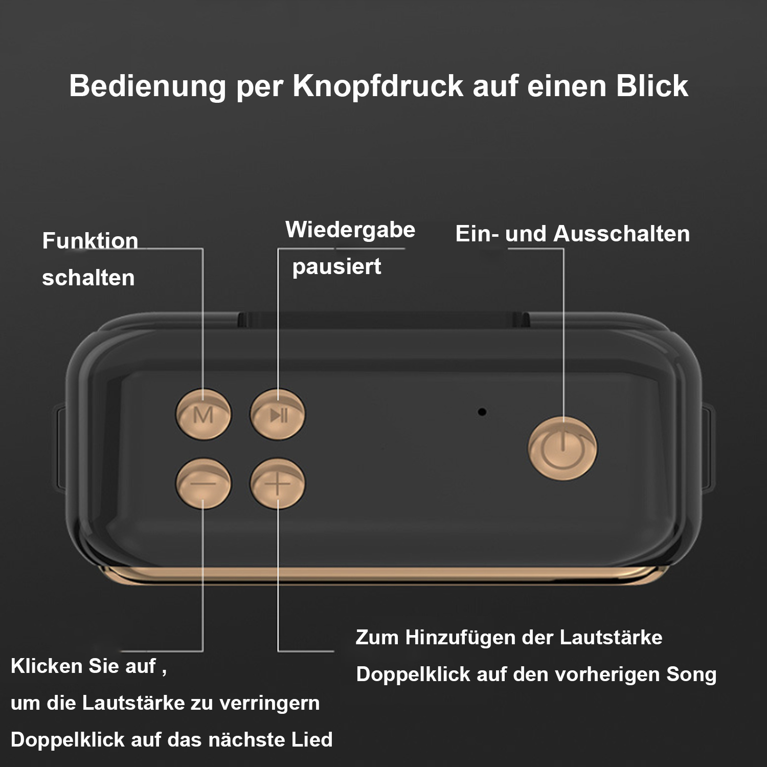 Ein Bedienfeld mit Knöpfen und Text auf Deutsch. Das Bedienfeld ist schwarz und gold.